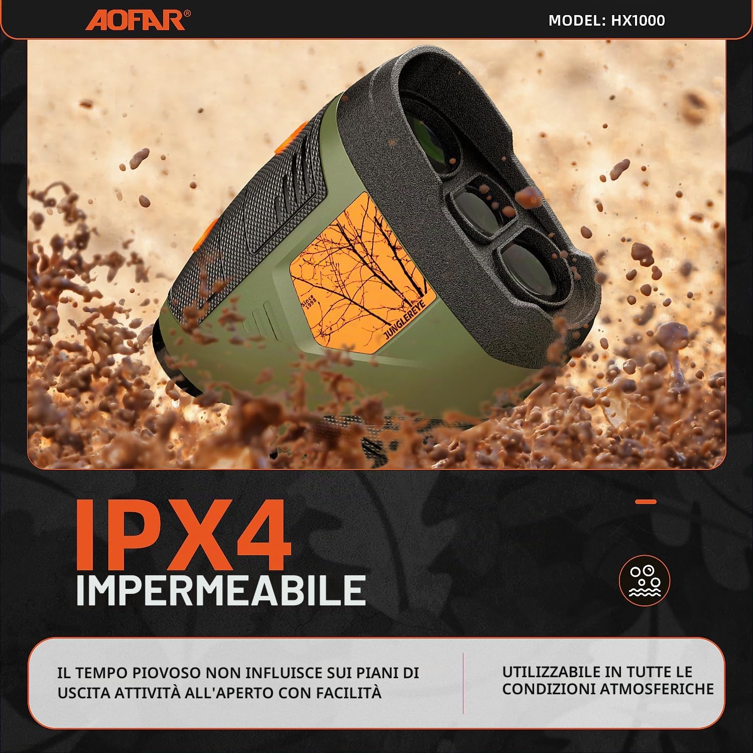 AOFAR HX1000 Telemetro Laser da Caccia 1000 iarde, Misurazione Distanza Angolare e Orizzontale, Modalità Scansione e Velocità, 6x Ingrandimento, Impermeabile, Batteria Inclusa
