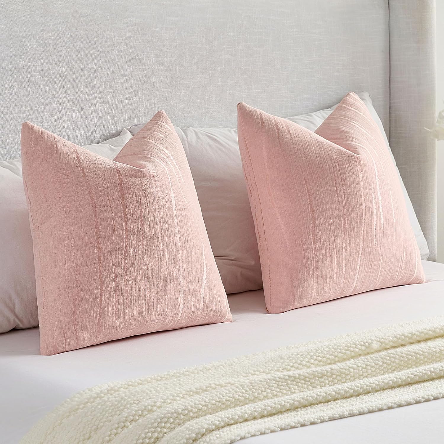 FUTEI Pack of 2 Chenille Decorative Throw Pillow Covers 26x26 Inch,Soft Embossed Striped Textured Euro Pillow Shams,Modern Home Decor for Couch Bed Living Room,Pink