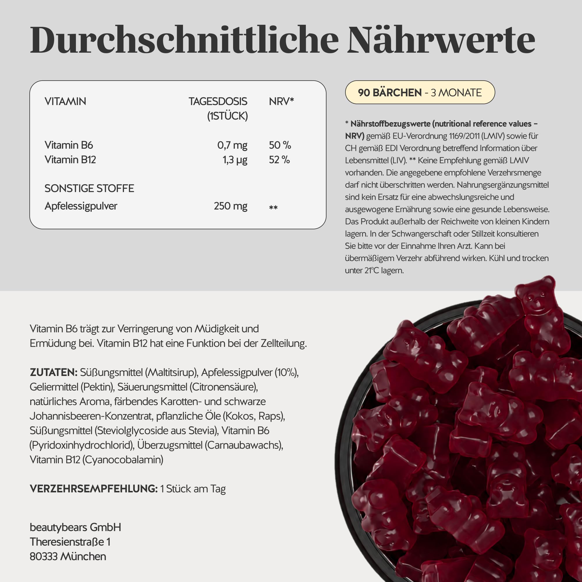 Bears with Benefits - Apfelessig mit Vitamin B12-90 Stück | mit Vitamin B12, B6 - Vorrat für 3 Monate - Zuckerfrei, Vegan