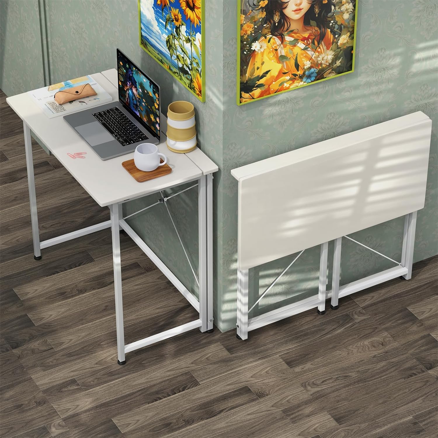 Blanco Mesa Escritorio Plegable, Mesa de Oficina Plegable con Ruedas, para Ordenador, Pequeño Mesa Ordenador Plegable Escritorios Portátiles para Estudio, Casa Oficina Escritorio 80x45x74cm