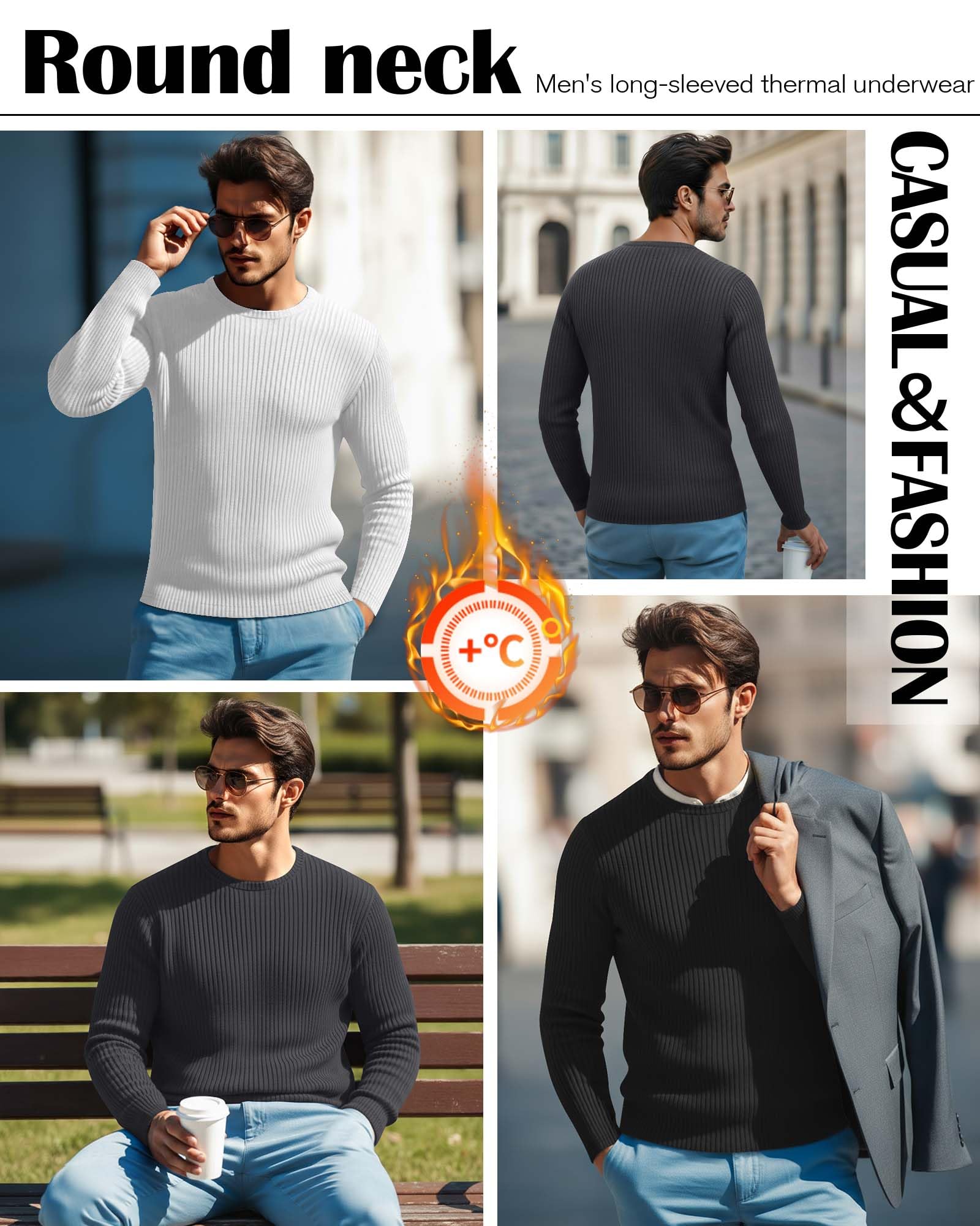 Riyiper Pack de 3 Camisetas Térmicas Acanaladas para Hombre Cuello Redondo Manga Larga Camiseta Interior Ajustada de Invierno