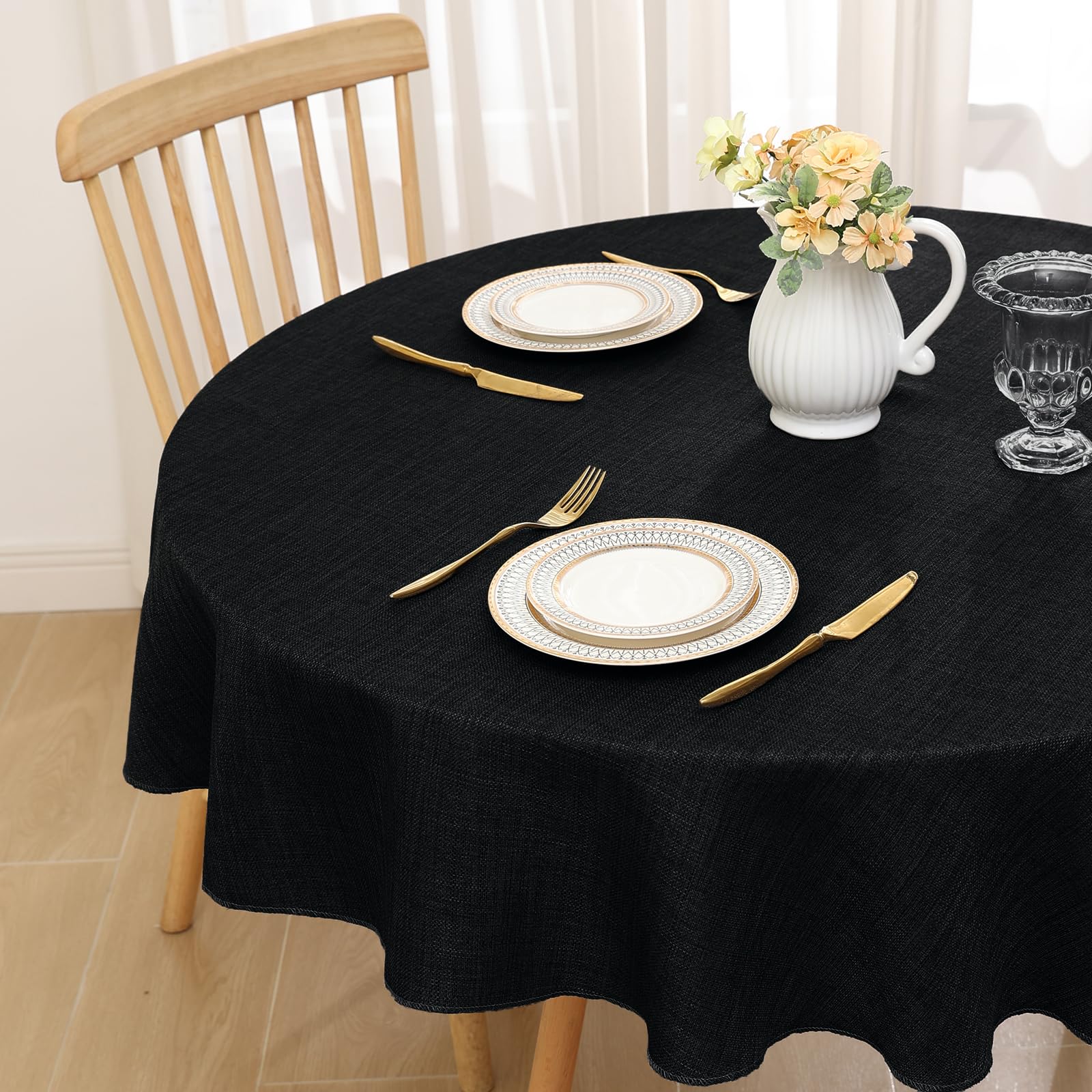 smiry Linen Table Cloth Rectangle Round 140 cm Wipe Clean Tablecloth Water Resistant Table Cover for Kitchen Party Decorations - Black - Image 2