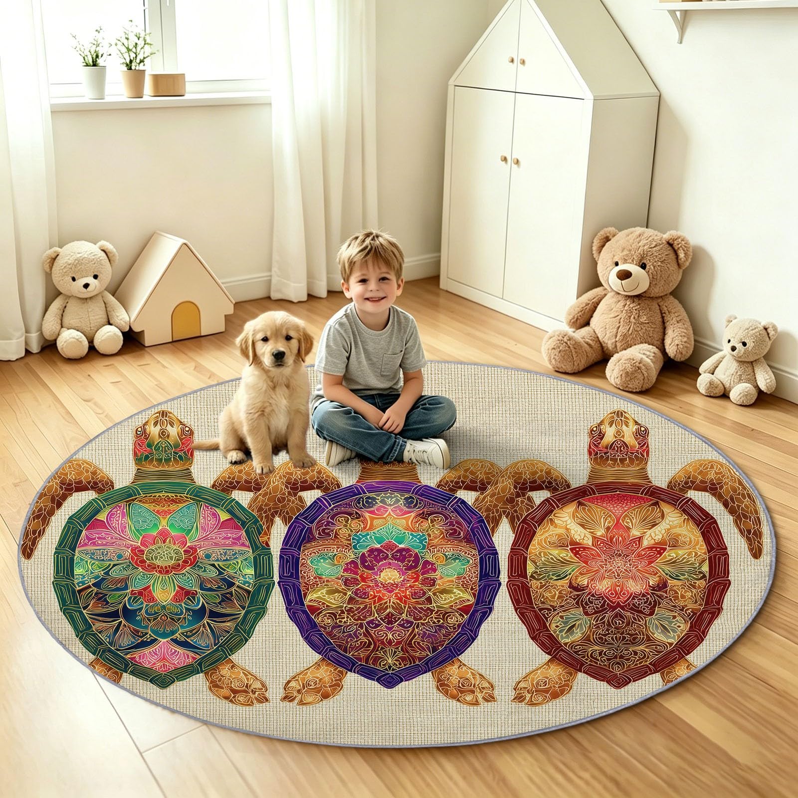 Generisch Tappeto rotondo per soggiorno, a pelo corto, 140 cm, motivo tartaruga, lavabile, extra morbido, antiscivolo, per camera dei bambini, camera da letto
