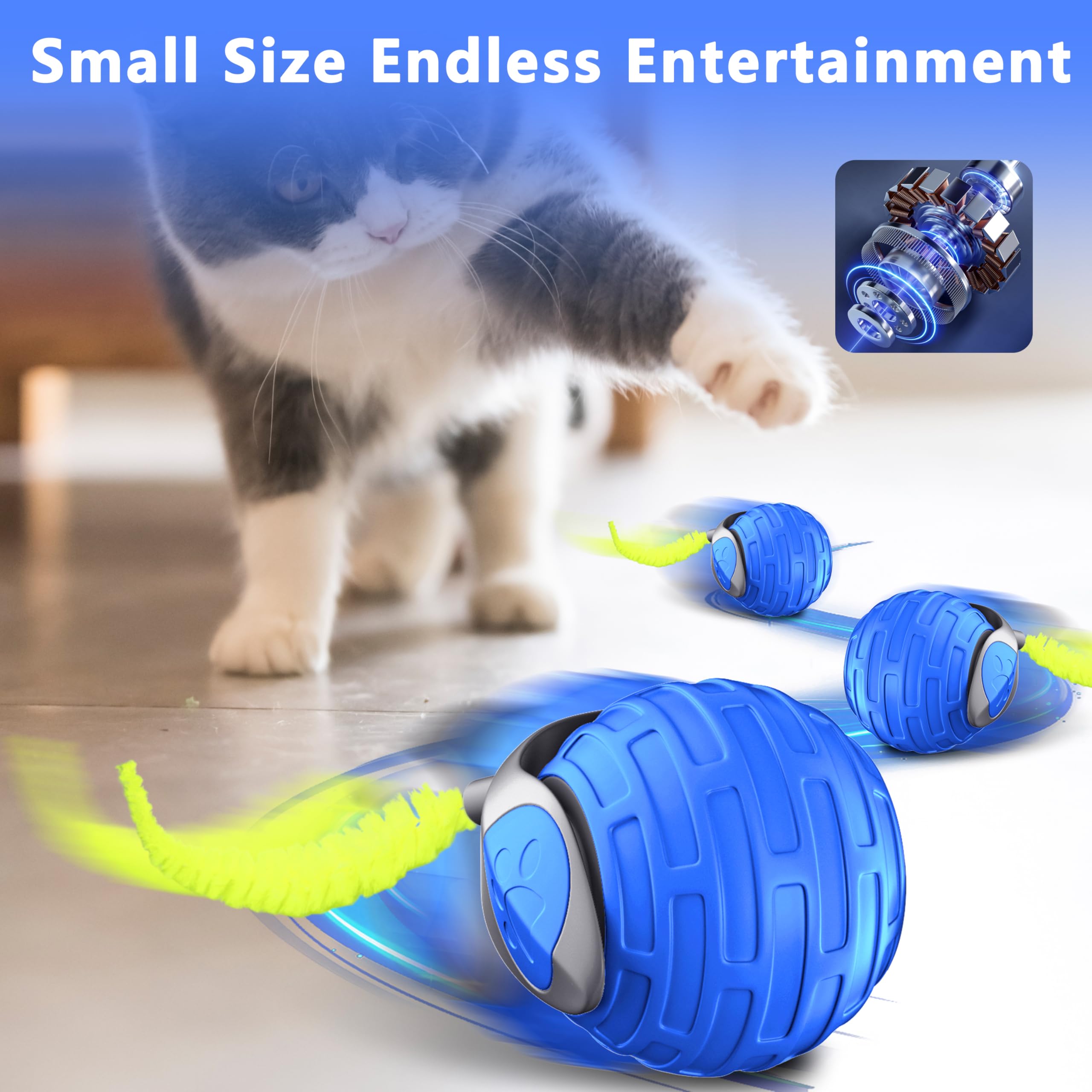 Katzenspielzeug, interaktiver Katzenspielzeugball für gelangweilte Indoor-Katzen, automatisches Rollen, sturzfest und Hindernisvermeidung, 2 Modi, flauschiger Schwanz und USB Typ-C
