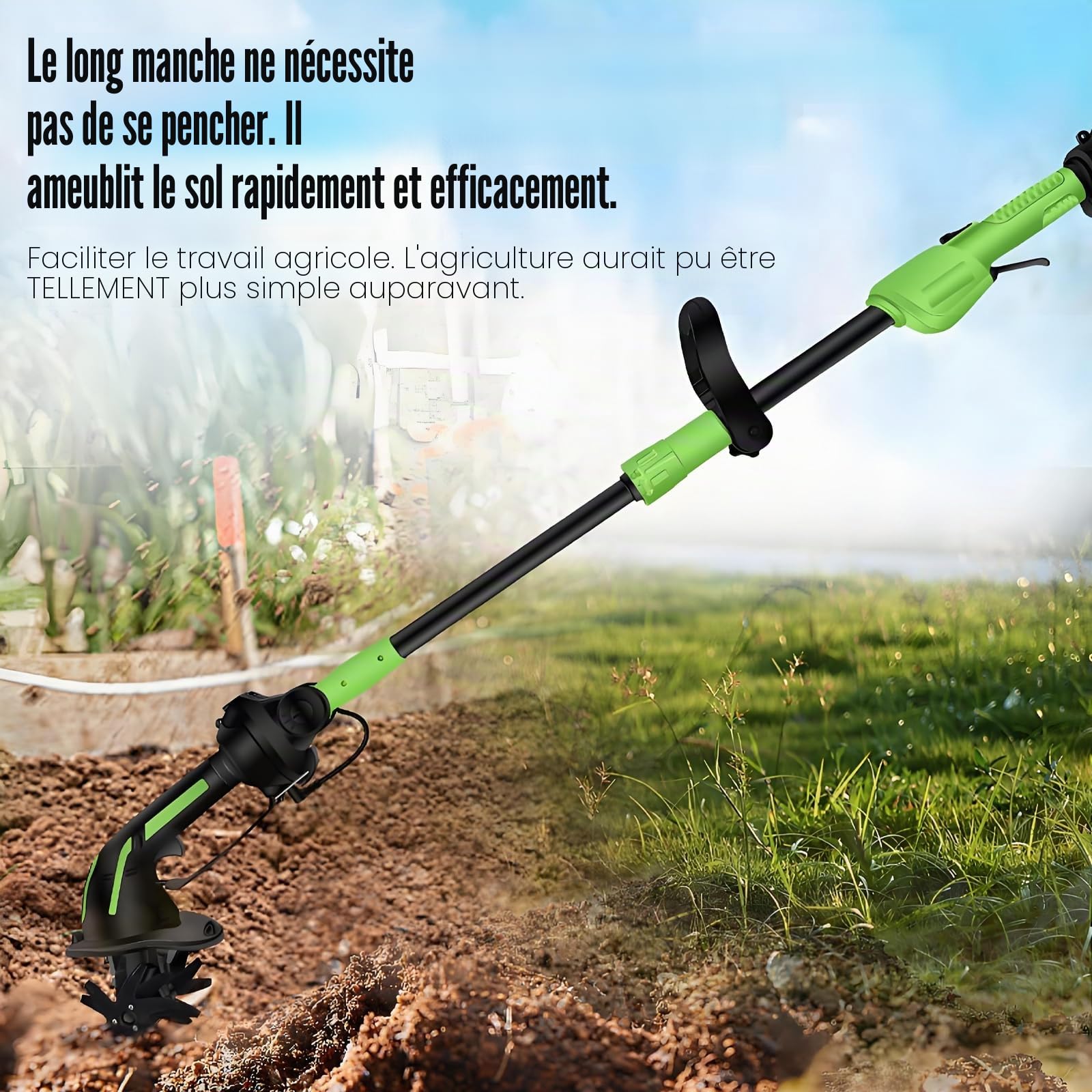 Motoculteur de Jardin sans Batterie, Mini cultivateur sans Fil avec Batterie 21V, houe électrique avec Tige Extensible, Largeur et Profondeur de Travail 10 cm, pour Labour et désherbage (2 Batterie)