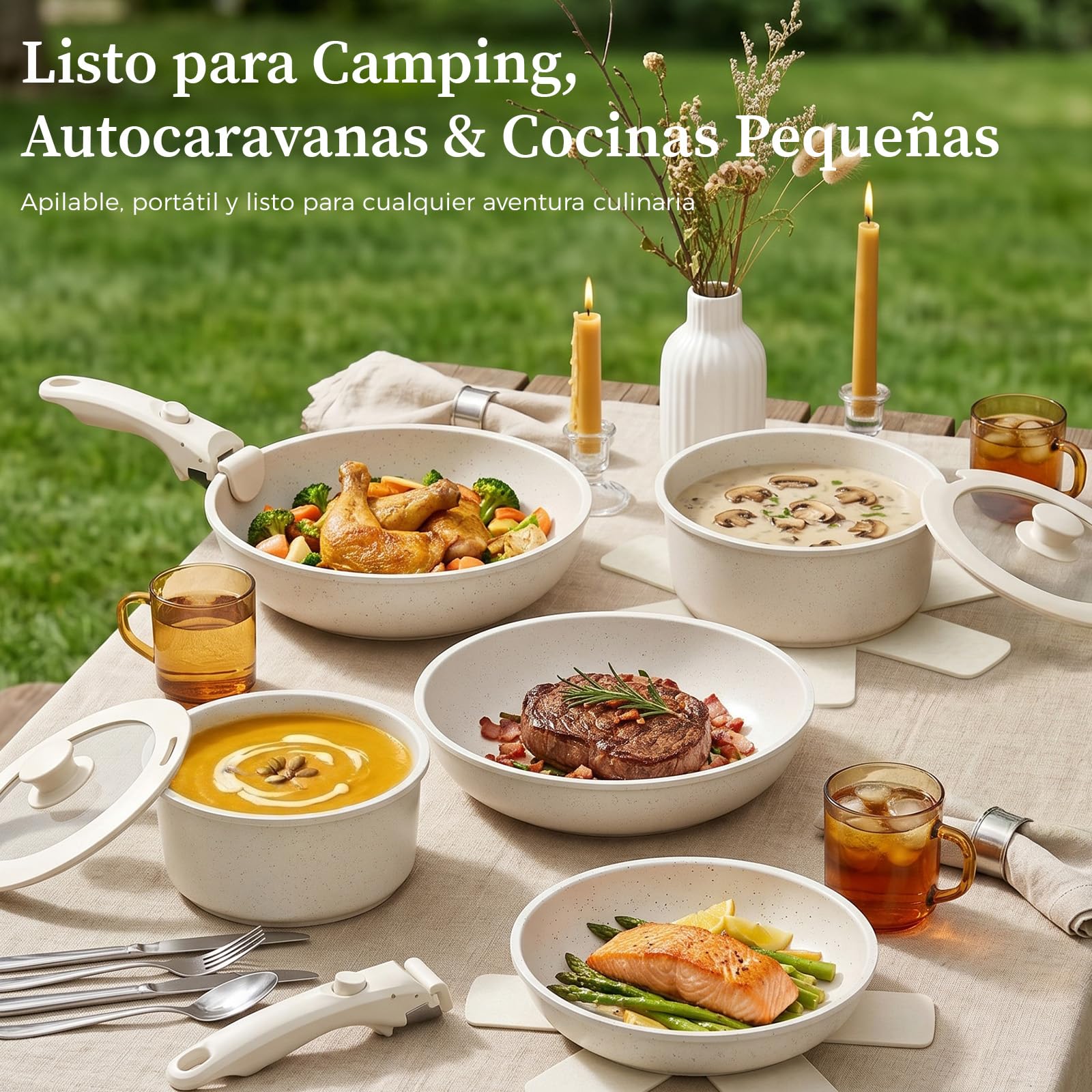YASHE Batería de cocina 15 piezas, inducción, atóxica, sin PTFE ni PFAS | Juego de Sarténes Atóxica con Mango Extraíble, Apilable y Ahorro de Espacio, para Caravana, Sin PFOA