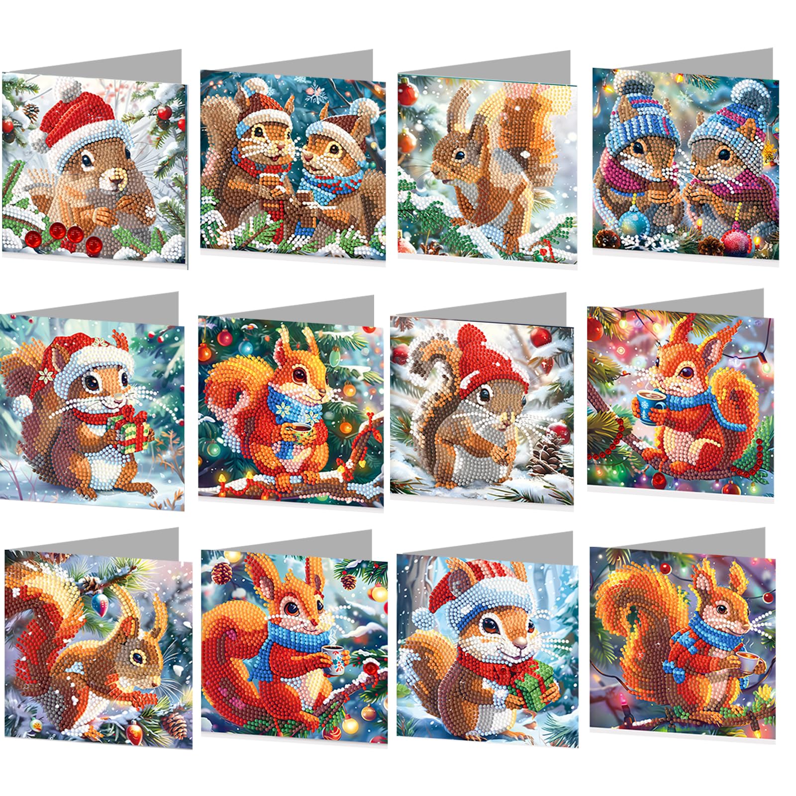 POETRYDRAW 12 PCS DIY Squirrel Diamond Art Greeting Card Set with Envelopes 5D Rhinestone Arts Cards for Adults & Families
