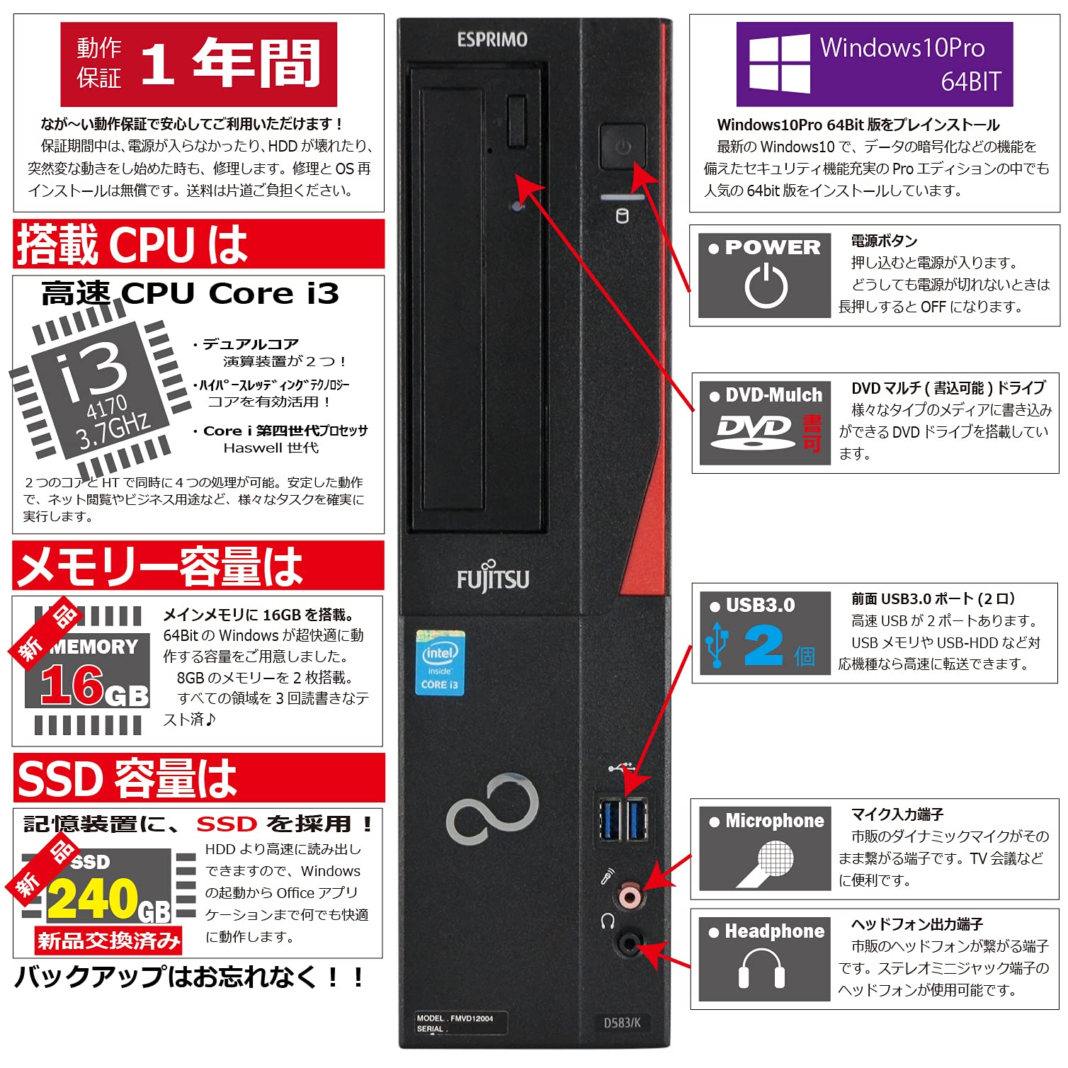 富士通 ESPRIMO D583/K Win8 Core i3-4170 3.7GHz ジャンク○ A21979
