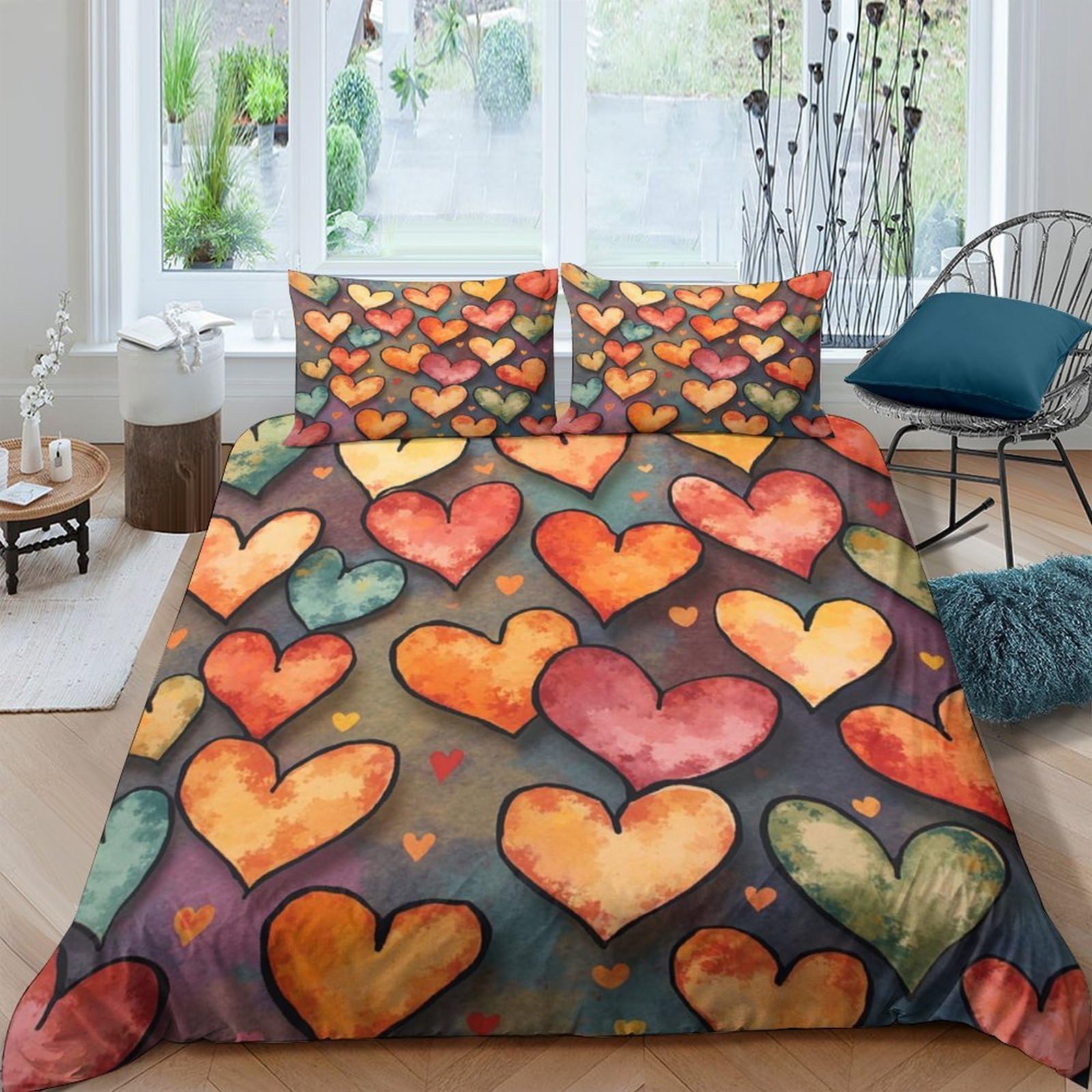 TUFRTGYHN 3D Printed Watercolor Heart Duvet Cover Microfiber Soft Breathable Heart Pattern Bedding Set with 2 Pillowcases for Bedroom Decor Single（135x200cm）