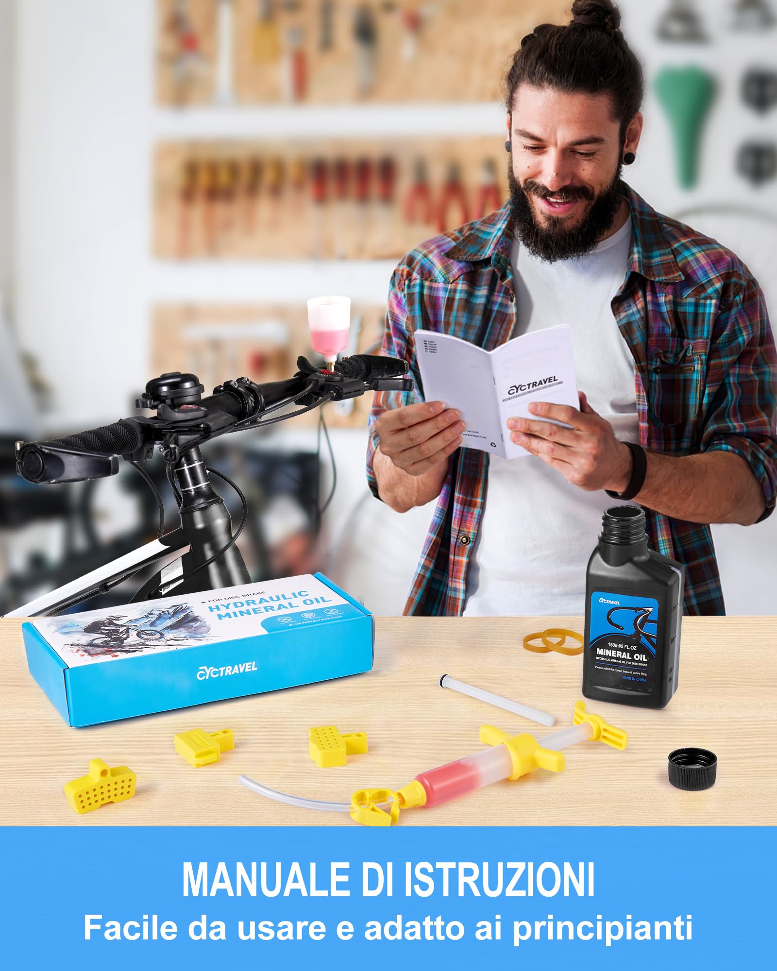 Kit Spurgo Freni per Freni Idraulici SHIMANO. Kit Spurgo Freni per Mountain Bike Include Liquido Freni a Olio Minerale da 150 ml e Istruzioni Passo Passo.