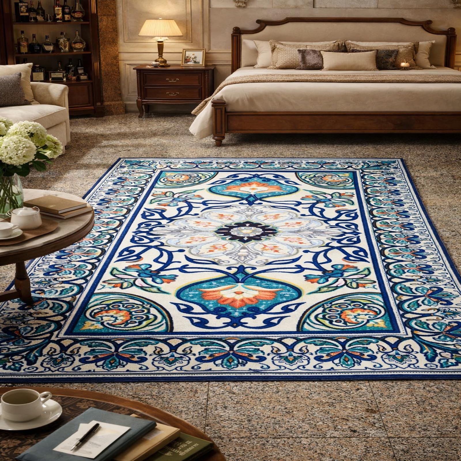 Alfombra de área para dormitorio Rururug de pelo corto azul tradicional lavable de 100x200 cm