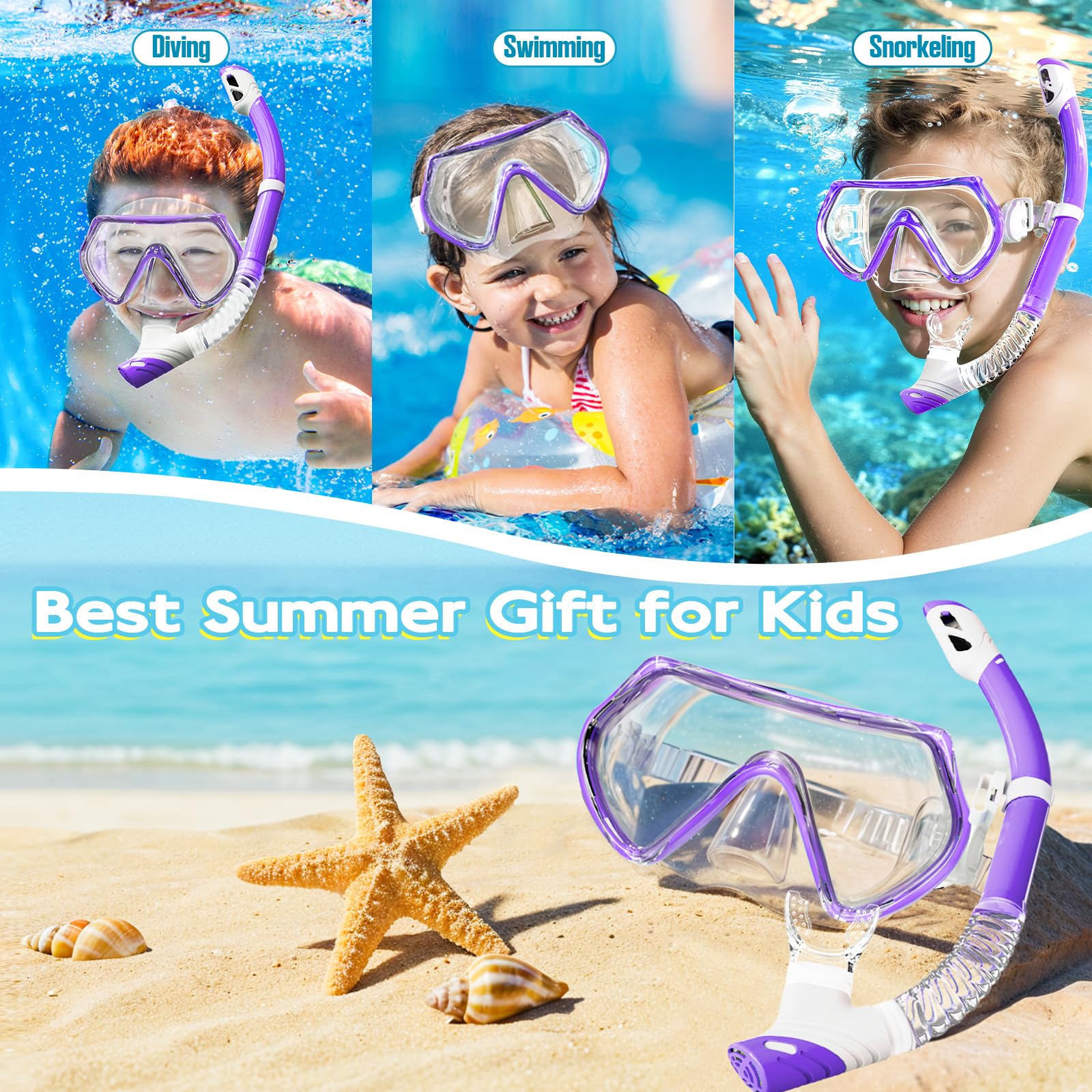 Set di snorkeling per bambini, occhiali da nuoto unisex per bambini, maschera anti-appannamento e boccaglio asciutto per bambini dai 3 ai 14 anni (viola)