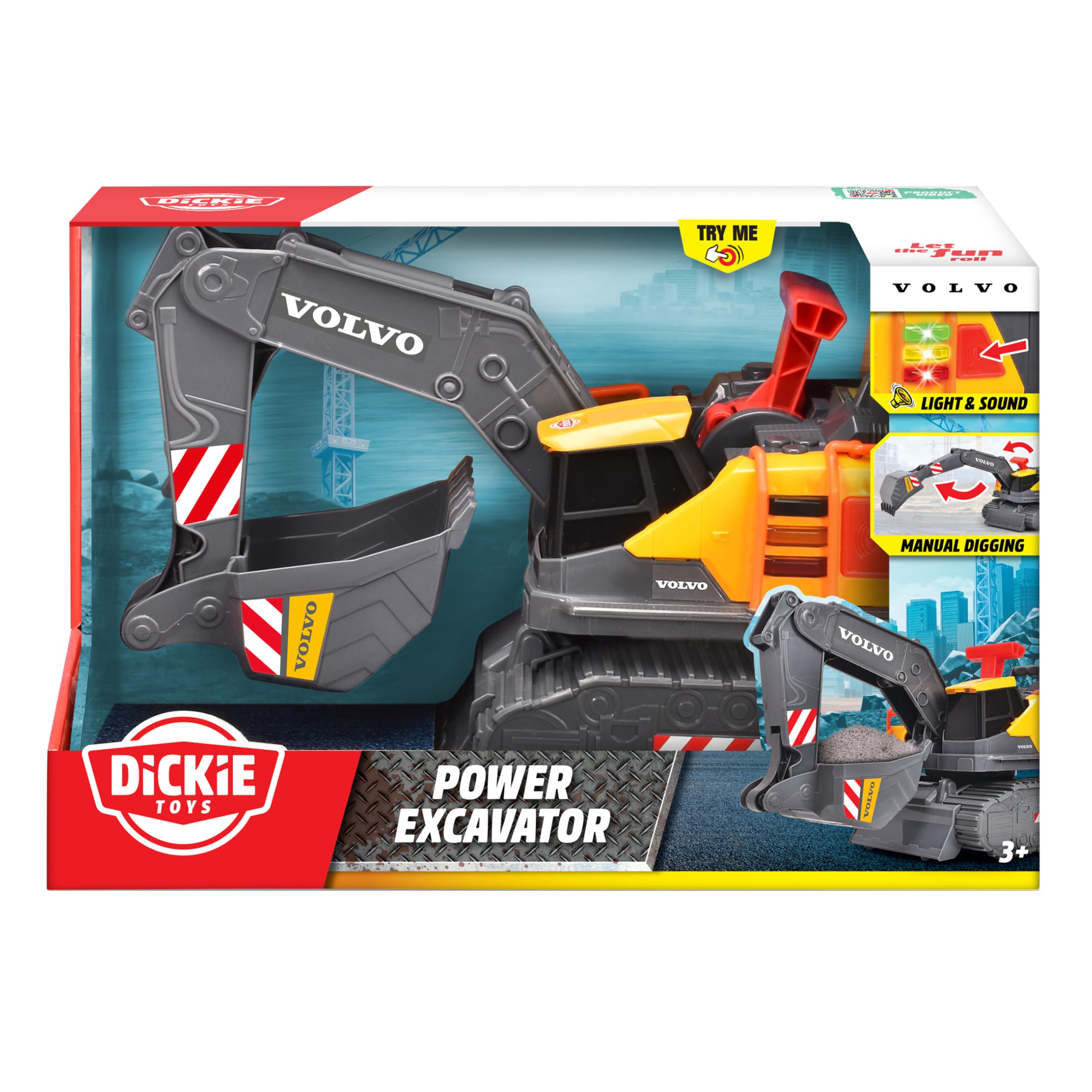 Dickie Toys - Volvo Bagger Power Excavator (30 cm) – zabawkowa koparka łopatkowa dla dzieci od 3 lat z wolnym biegiem, sterowaniem dźwignią, światłem i dźwiękiem, nadaje się jako zabawka do piasku, w