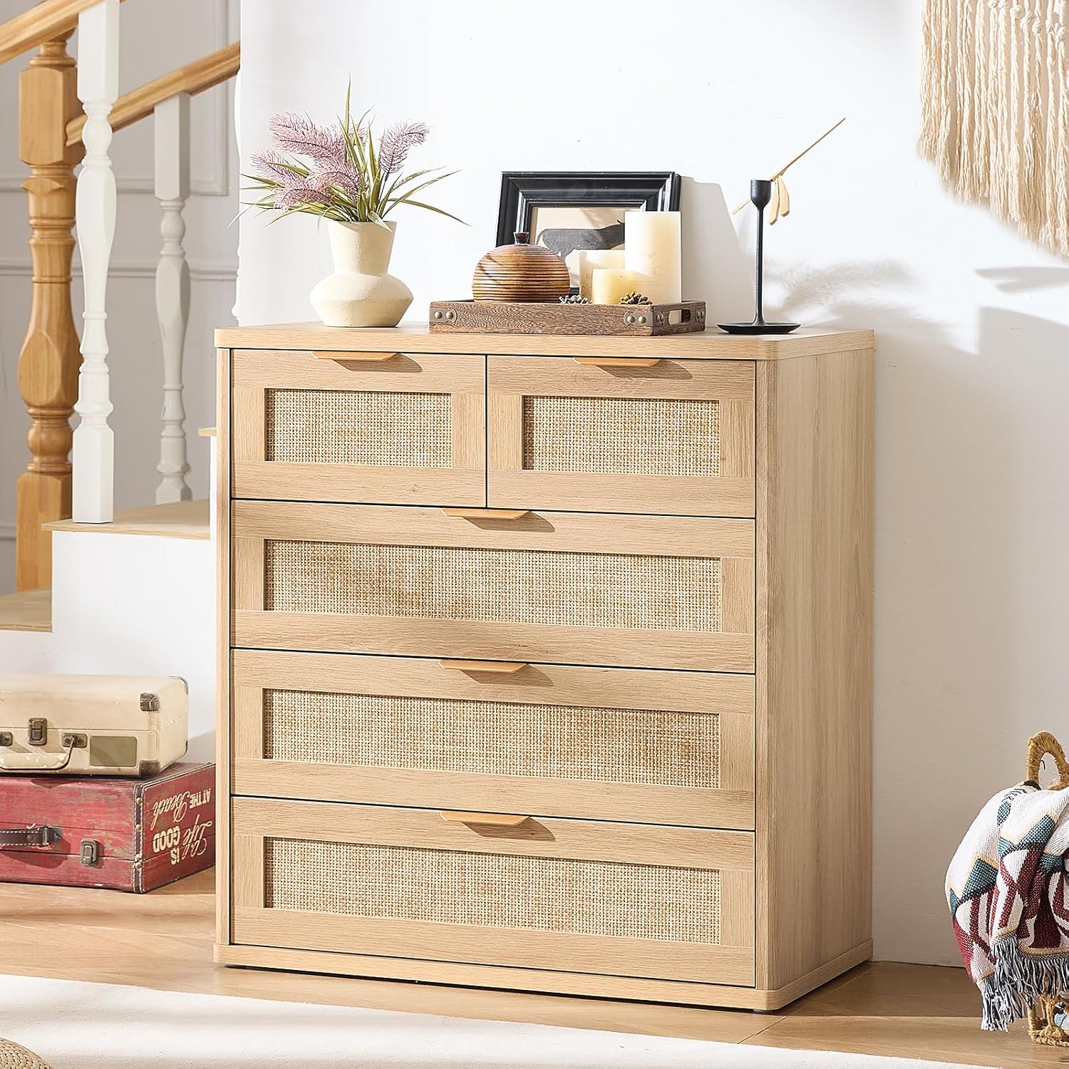 LEYAOYAO Rattan Dresser for Bedroom, 33.5" Tall Chest of Drawers, Modern 5 Drawers Boho Dressers with Storage, Light Oak Dresser Wooden Closet Organizer for Living Room, Hallway, Natural Wood 15.5"D x 31.5"W x 33.5"H (5 Drawers) Natural Wood 1