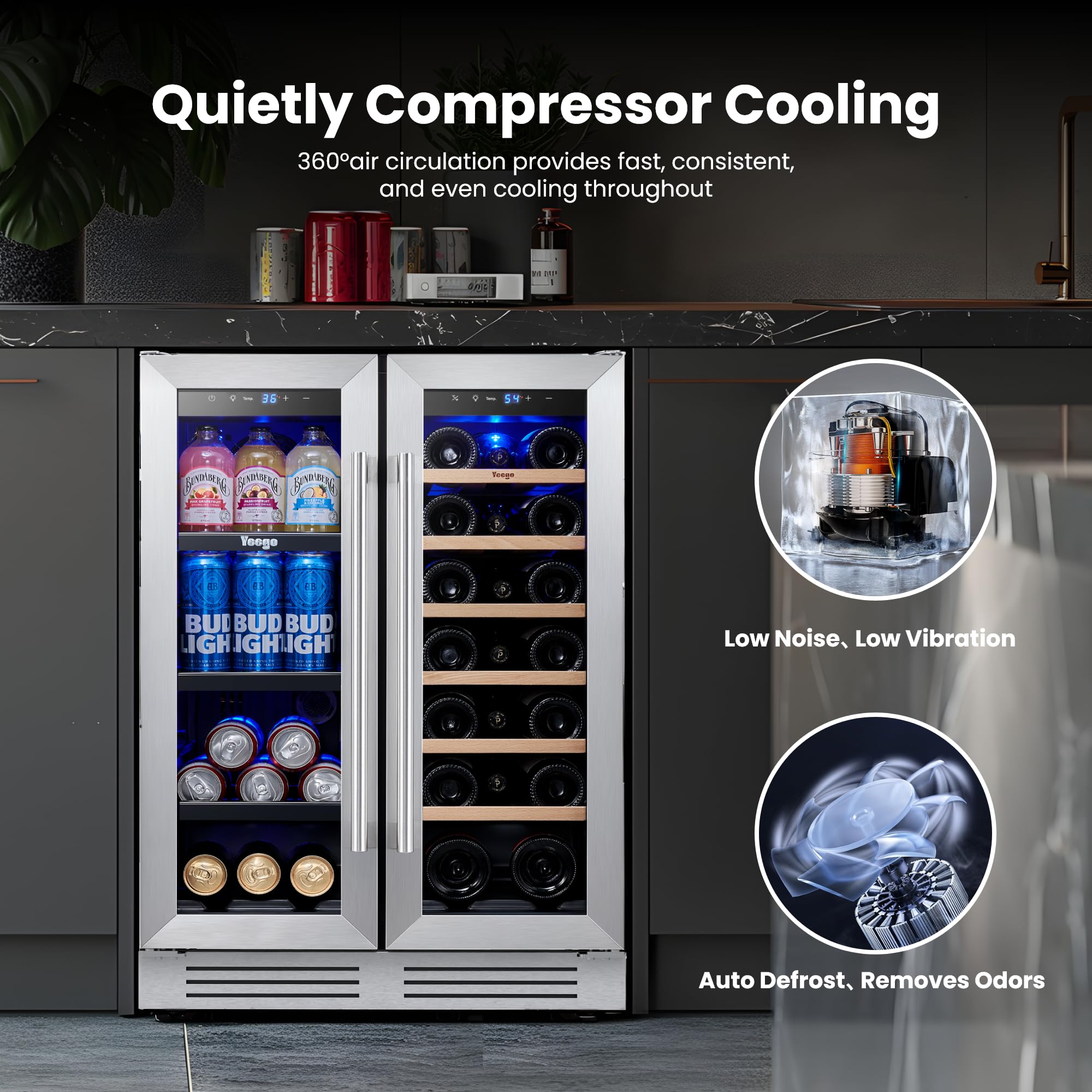YEEGO Wine And Beverage Refrigerator, 24 Inch Dual Zone Wine Fridge, Built-In Or Freestanding Wine Cooler With Glass Doors, Under Counter Drink Fridge For Wine/Beer/Soda/Water on Fridge.com - View 3