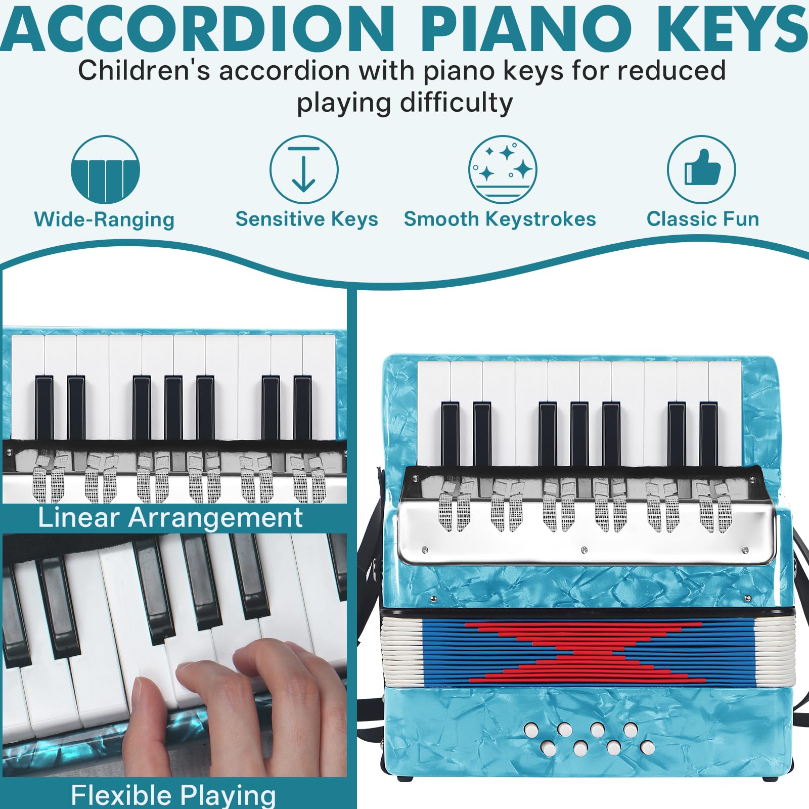 AKLOT Acordeón de piano de 17 teclas, acordeón ligero para niños, acordeones de celuloide más brillantes y de tono puro que el plástico, diseño de cubierta de metal duradero para niños, principiantes