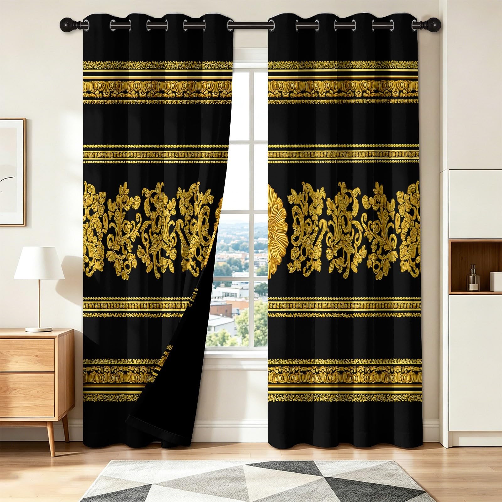 Jaune Rideau Occultant à Oeillets, Traditionnelle Rétro Luxueuse Rideaux Isolant Thermique Anti Bruit, Protection de la Vie Privée Décoration Rideau pour Chambre à Coucher 140 x 260 cm, 2 Pièces