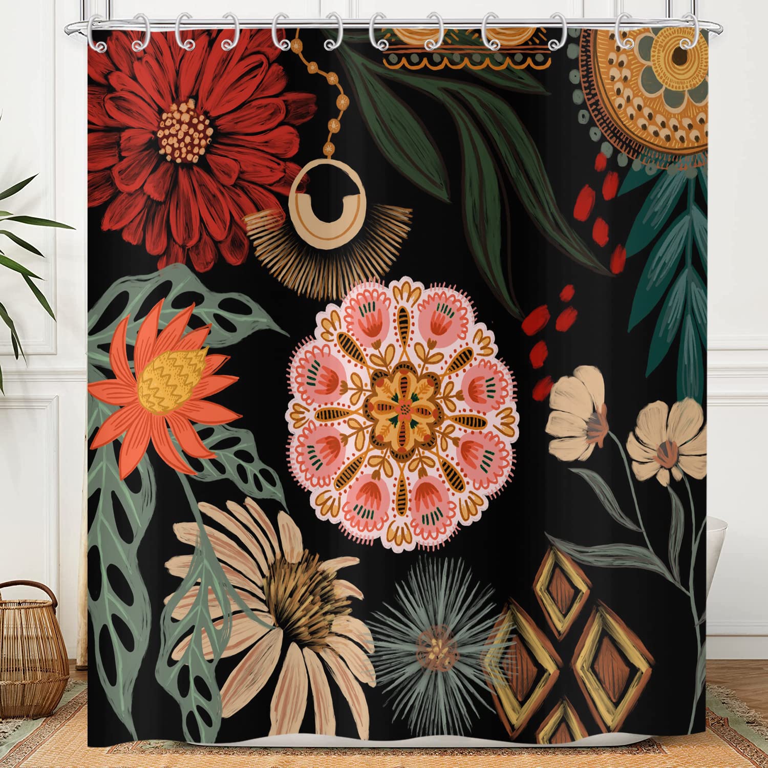 Hnmdmyi Black Boho Floral Shower Curtain 90x180, Vintage Abstract Bohemian Flower Botanical Bathroom Curtains Mid Century Modern Aesthetic Retro Waterproof Polyester Fabric Washable Bath Curtains