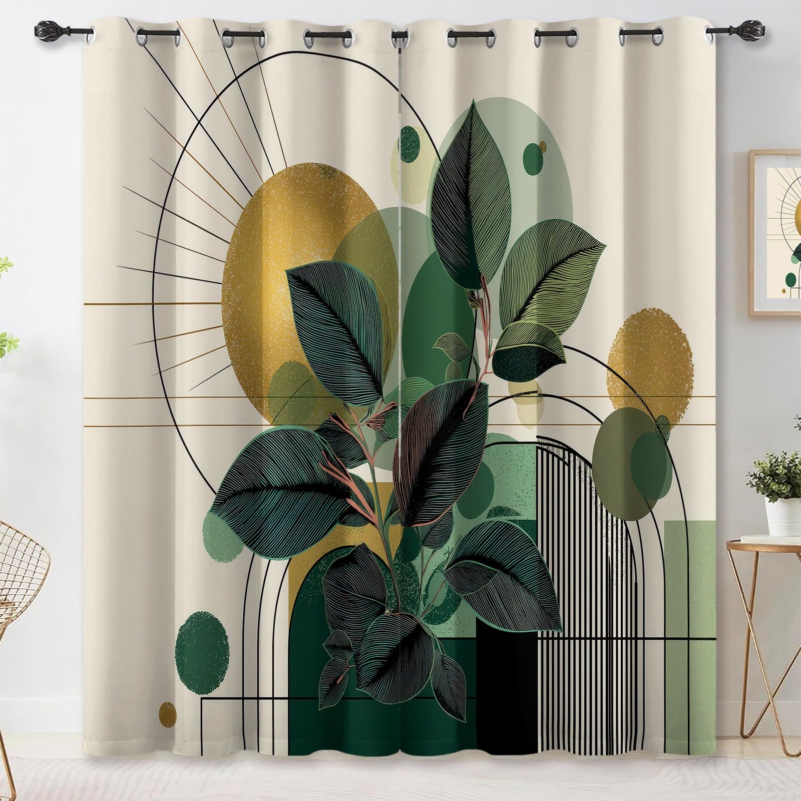 Gardinen Grün Aprikose Thermovorhang Kälteschutz 2er Set H240×B132 cm, Abdunkelnd Vorhang, Blätter geometrische Formen Bögen Streifen Verdunkelungsvorhang mit Ösen für Wohnzimmer/Schlafzimmer