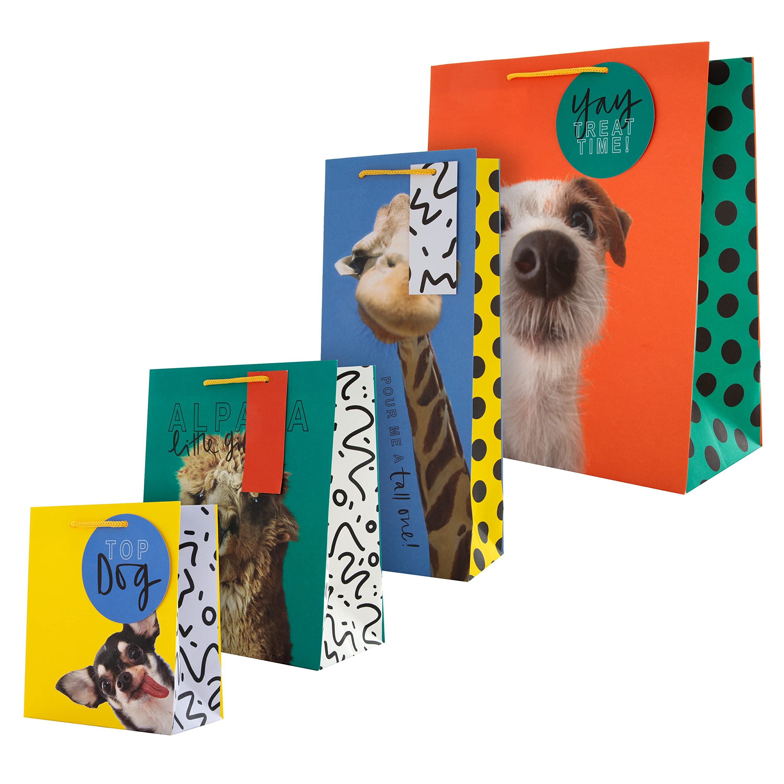 Hallmark Multi Occasion Gift and Bottle Bags Bundle - 1 Large, 1 Medium and 1 Small Gift Bag, with 1 Bottle Bag in 4 Funny Animal Designs