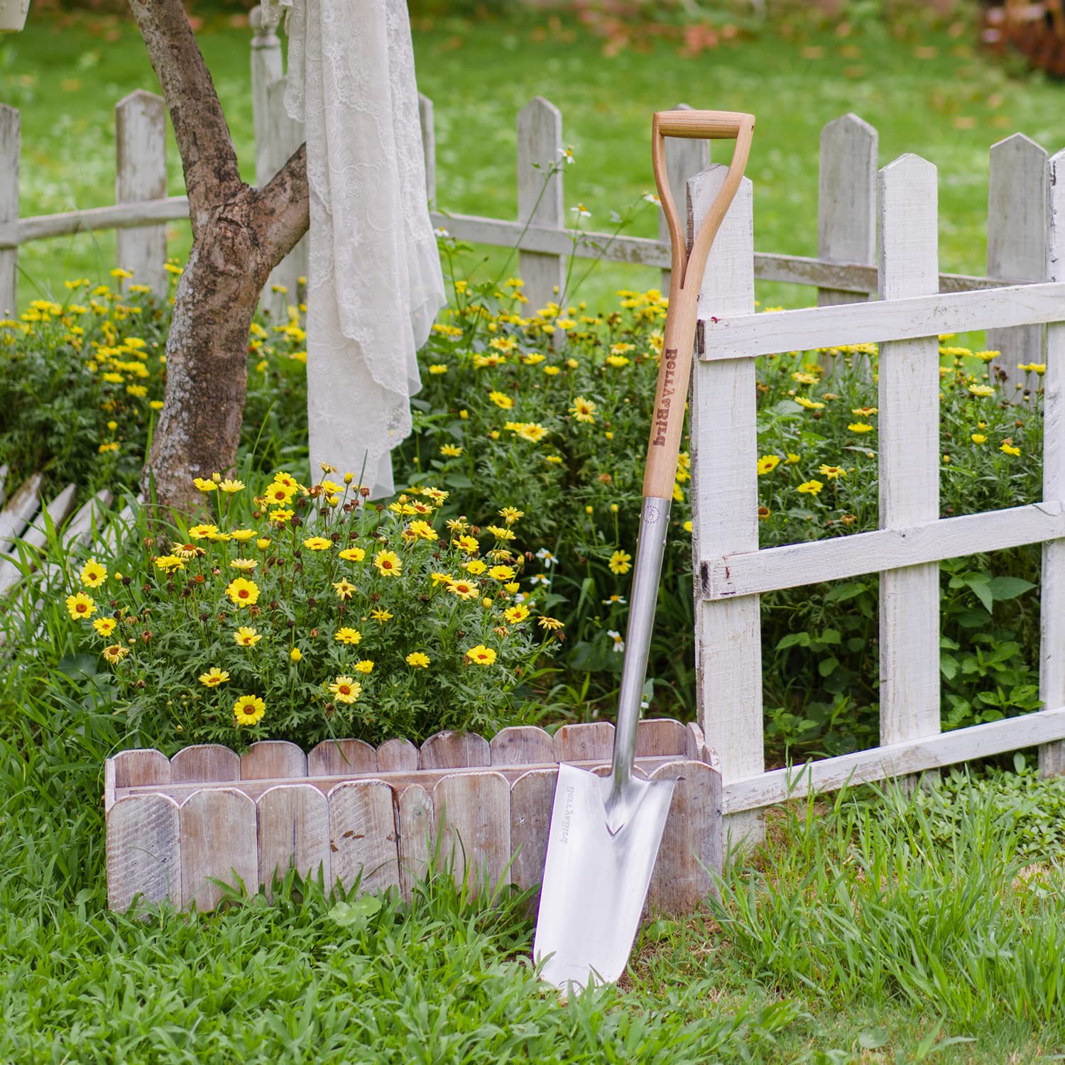 Berry&Bird Pala de Zanja, Pala de Drenaje de jardín con Mango de Madera, Pala de jardinería de Acero Inoxidable de 35 Pulgadas, Pala cortadora de raíces Resistente para excavar, trasplantar y bordear