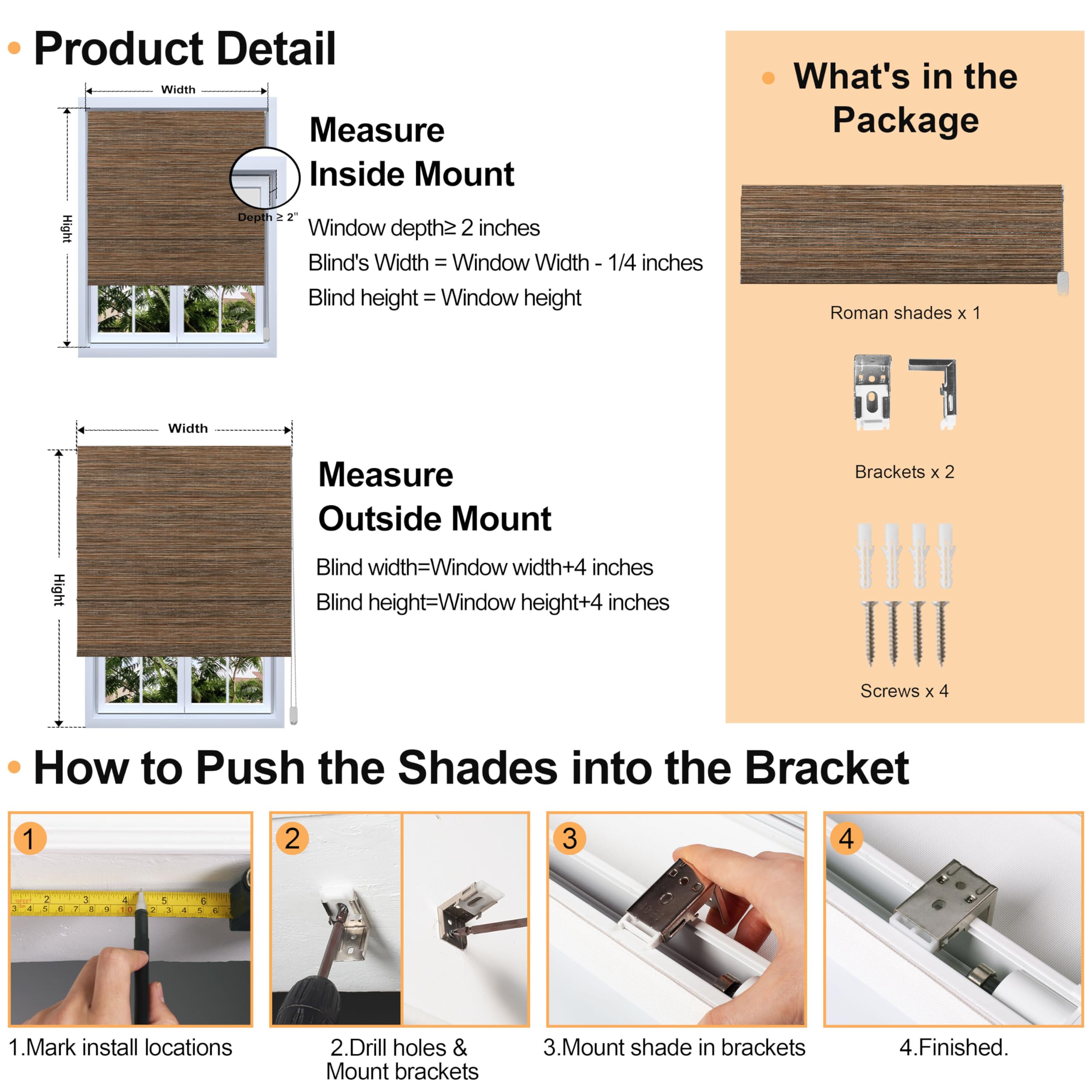 BERISSA Cordless Roman Shades - Custom Size Woodgrain Walnut - Light Filtering & 70% Blackout For Privacy & Insulation