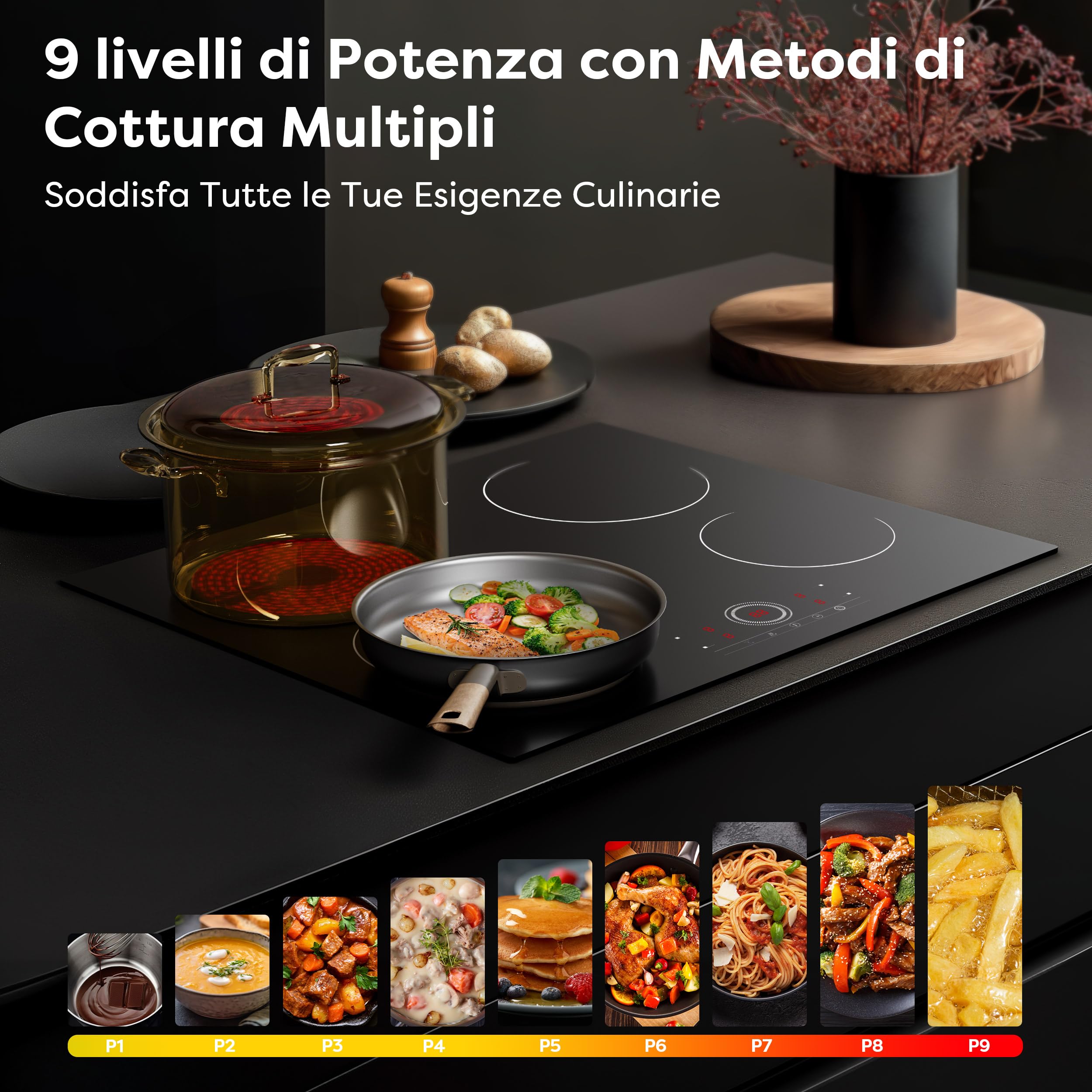 CDV Piano Cottura in Vetroceramica 4 Fuochi Incasso, Piano Cottura Elettrico 4 Piastre，9 Livelli di Potenza, Sicurezza Bambini, Adatto a Tutte le Pentole, 6000W