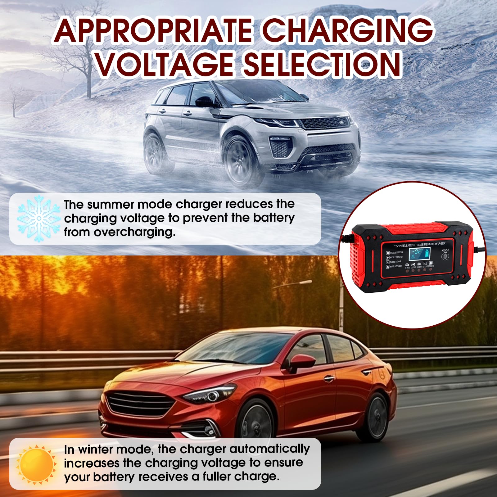 Chargeur Batterie Voiture 12V/6A Intelligent, Chargeur de Batterie Automatique avec Affichage Numérique pour Auto Moto Bateau Tondeuse à Gazon et Camion, Ajuste Tension Selon Température