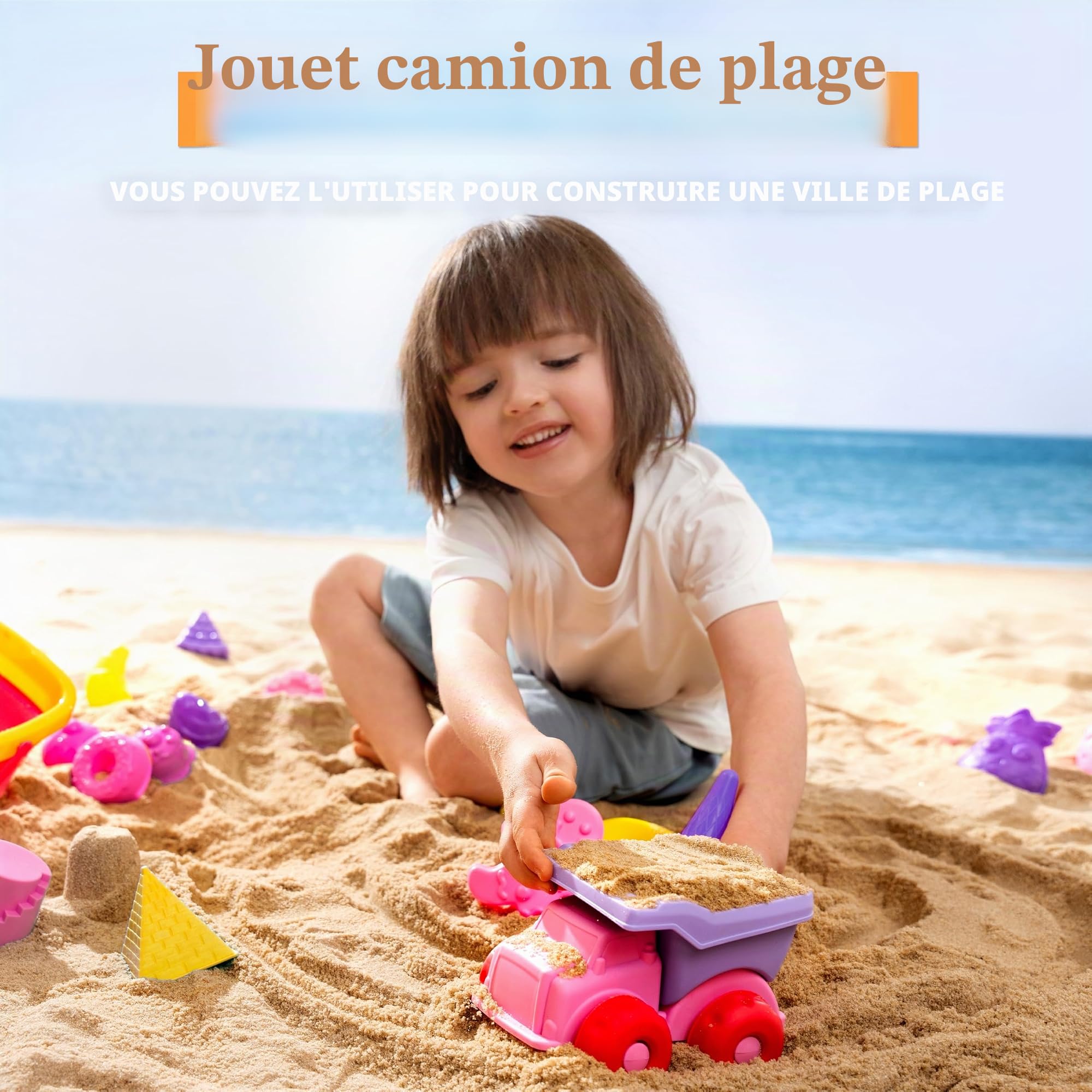 Sloosh Ensemble de jouets de sable de plage – Moules à sable de voyage avec voiture, camion, seaux pliables et pliables – Pelles à sable – Ensemble de moules à crème glacée en château avec sac en