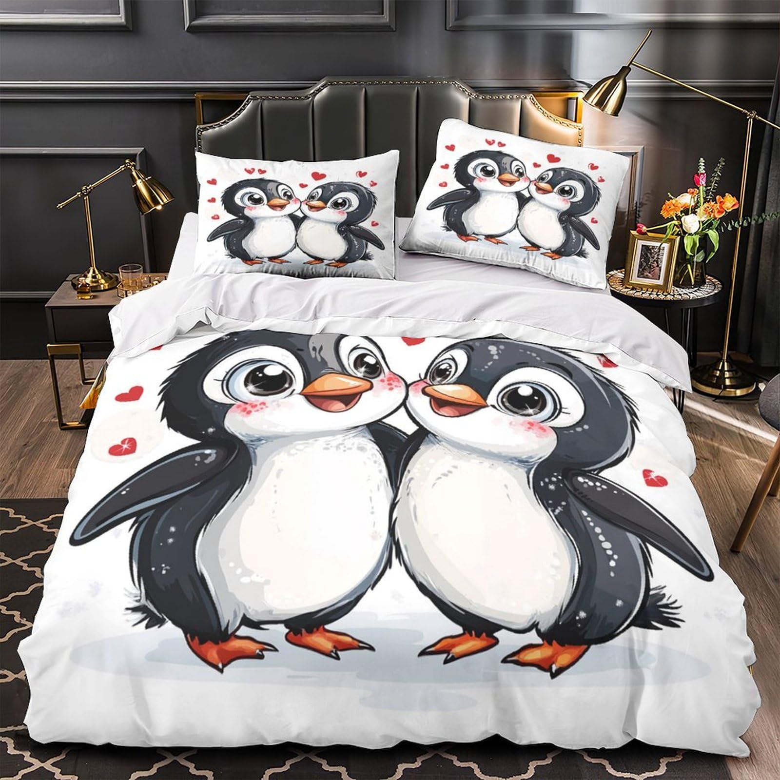 Niedliches Pärchen 3D Druck Bettbezug Mikrofaser Weiches Schlafzimmer Cartoon Pinguin Bettwäsche Set für Erwachsene Dekor Super King（260x220cm）