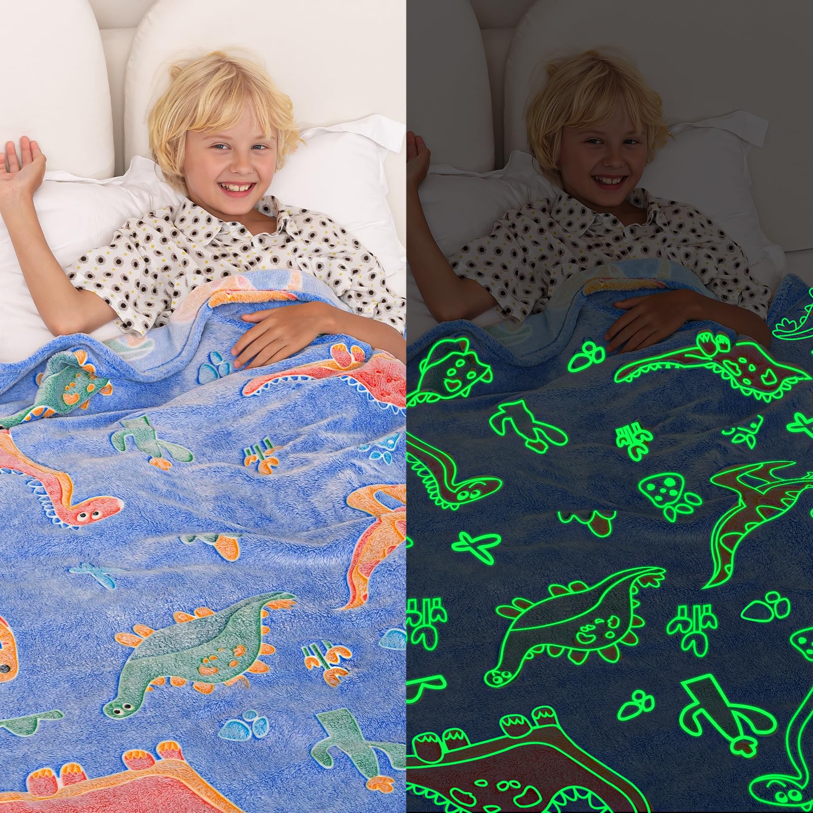inhandGlow in The Dark Blanket Dinosaur Gift Toys for Kids Boys Girls Fluffy Cozy Dinosaur Fleece Kids Blanket Birthday Christmas Halloween Easter Child Gifts Blue 50"x60"