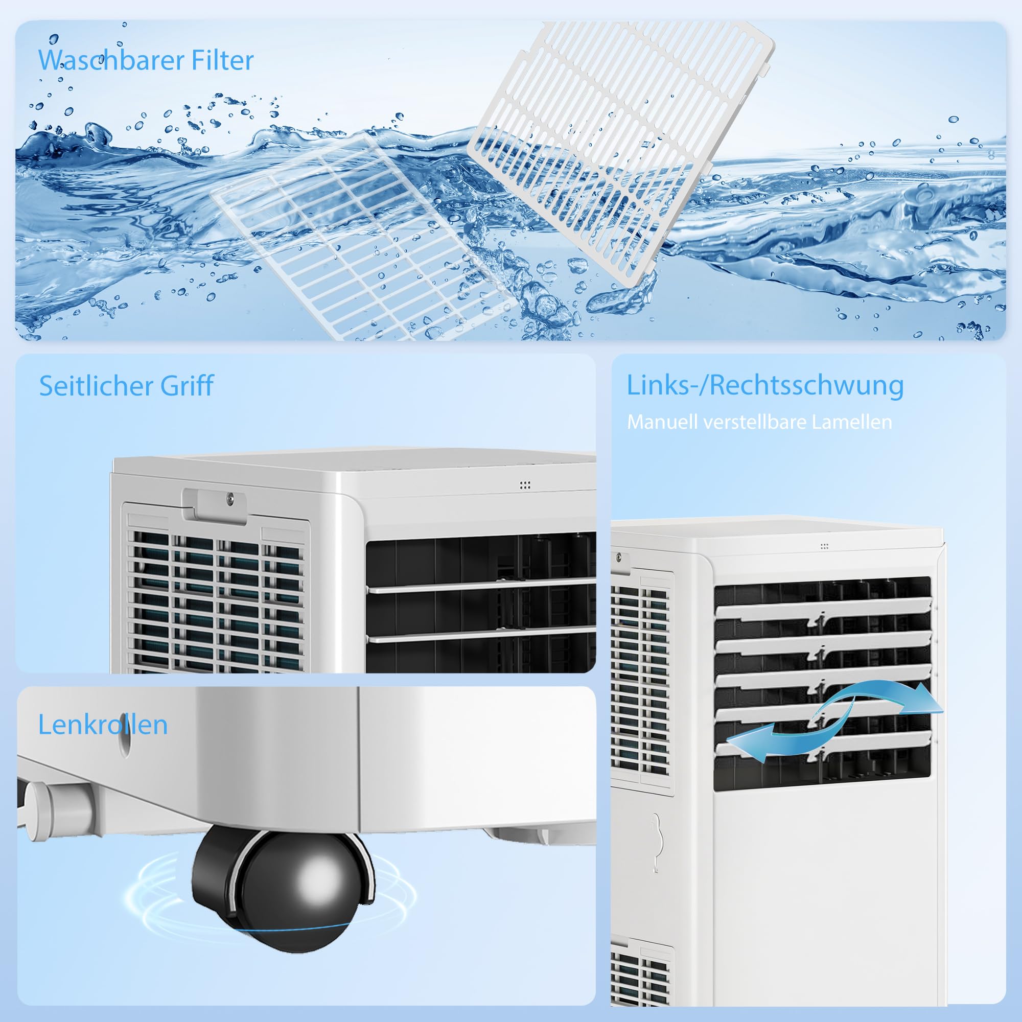 HOMCOM Przenośny klimatyzator z wężem wylotowym 9000 BTU 1010 W, mobilny klimatyzator 4 w 1, chłodzenie, wentylacja, osuszanie 42 l/dzień, tryb snu, timer 24 h, pilot zdalnego sterowania, zestaw