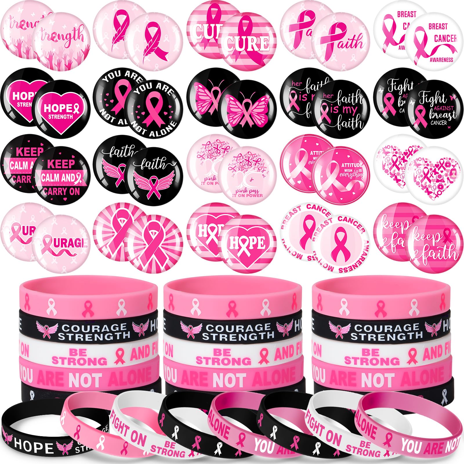 Hiboom 80 Pcs Breast Cancer Bracelets and Pins Set Pink Ribbon Breast Cancer Awareness Gift for Women Bulk Breast Cancer Buttons Badge and Bracelets for Breast Cancer Supplies Party Favors
