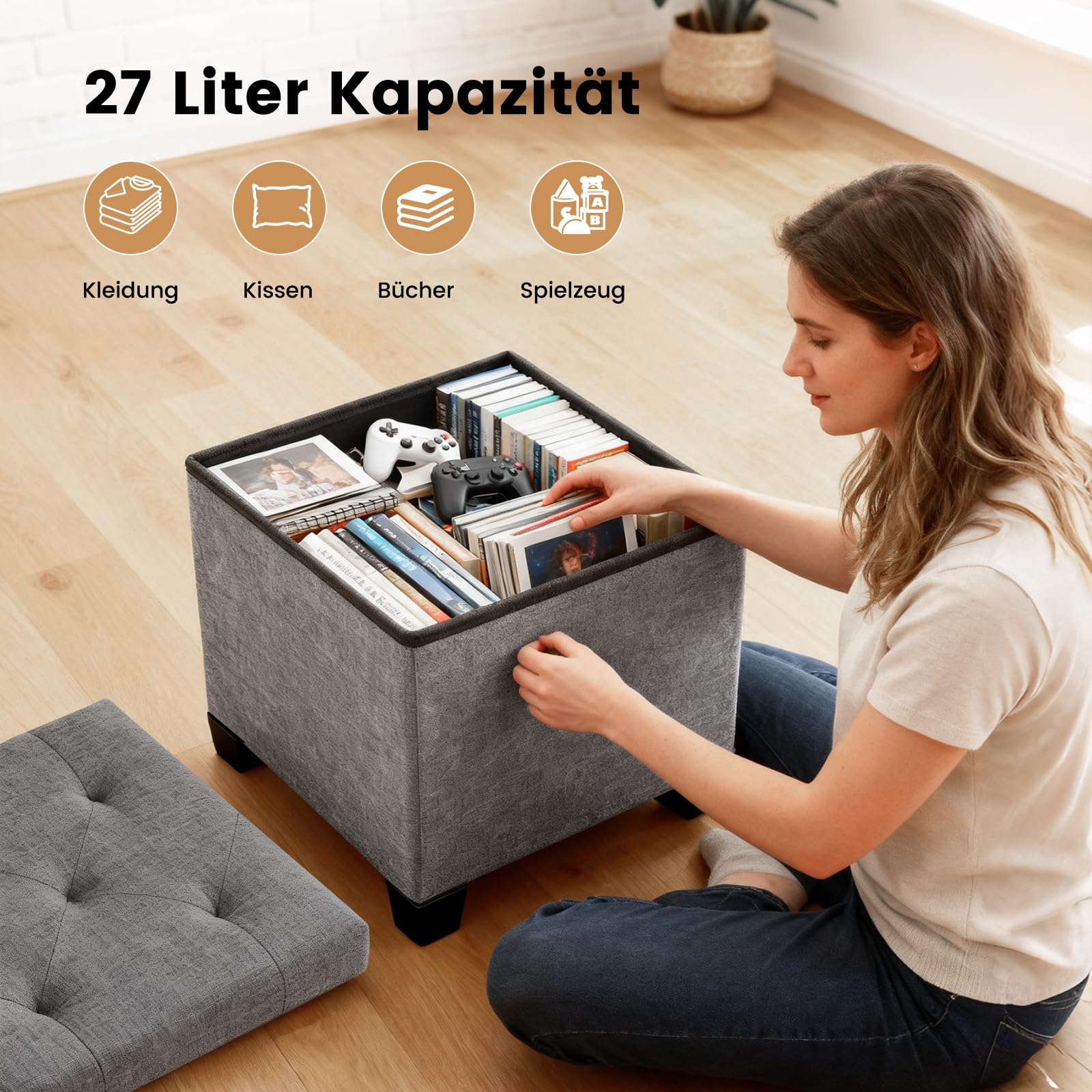 Sweetcrispy Sitzhocker mit Stauraum, 38 x 38 x 38 cm, Kleine Klappbare Sitzbank, Aufbewahrungsbox mit Deckel als Hocker & Fußbank, bis 300 kg belastbar, für Flur Wohnzimmer Schlafzimmer, Dunkelgrau