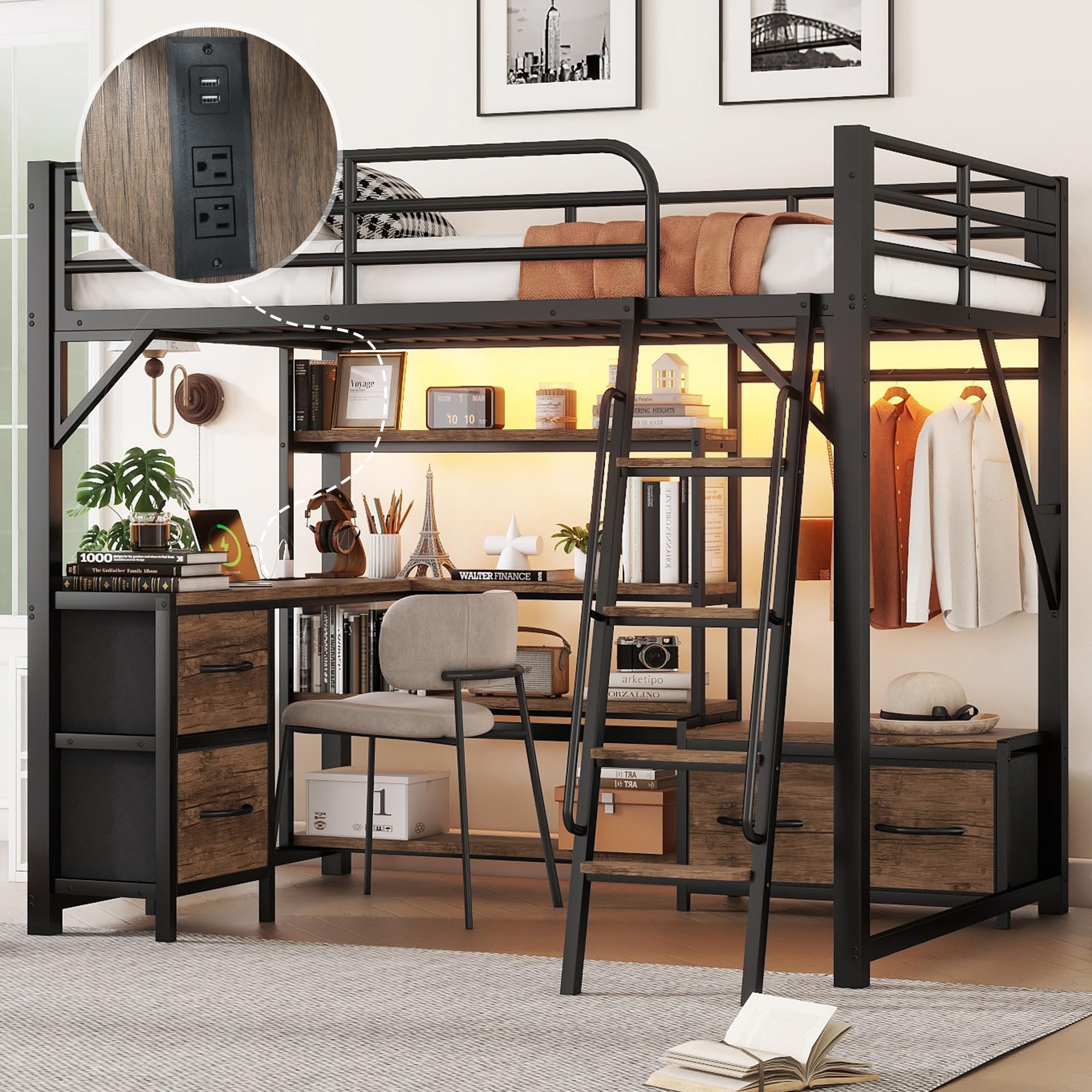 Loft Bed Full Size with Desk and Charging Station, Metal Loft Beds Frame with LED Lights, Bookcase & 4 Fabric Storage Drawers & Bench, Adults Loft Beds with Wardrobe -Safety Guard & Ladder, Black