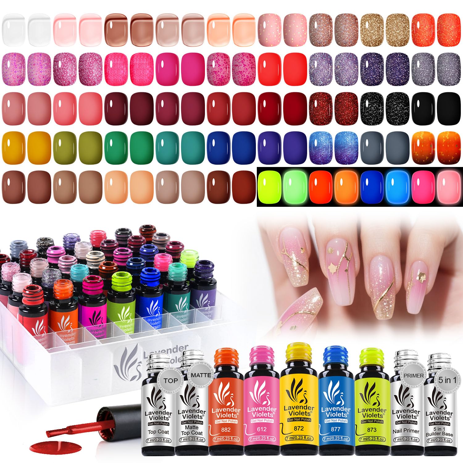 49 Pcs Milky White Nude Pink Gel Nail Polish Set Including Must-Have Solid Colors, Jelly Semi-Translucent Builder Base, Glow in the Dark Neon, Holographic Glitter, Top Coat, Soak Off UV LED Kit 950