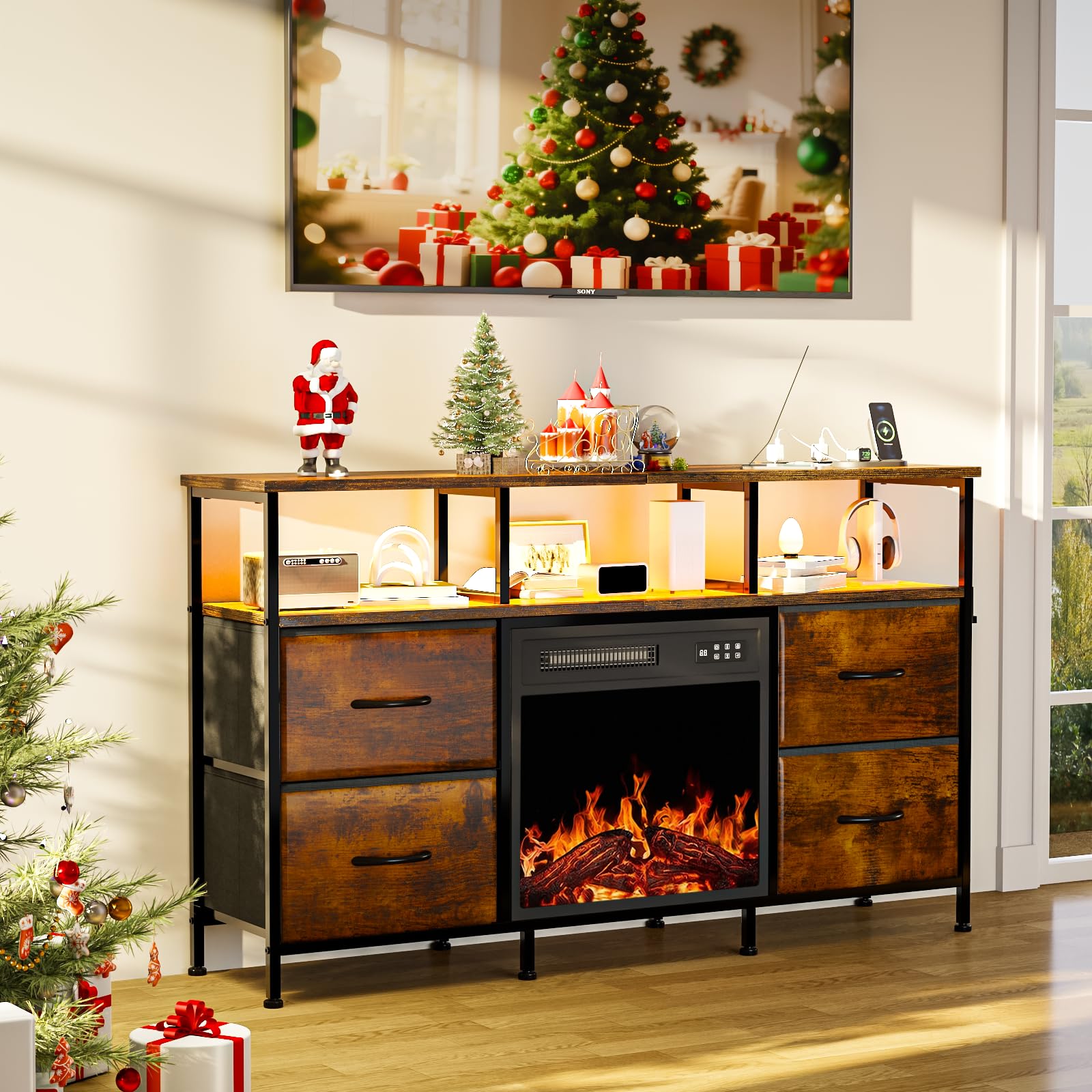 Waleaf Mueble para TV con Chimenea Eléctrica y 4 Cajones de Tela, 4 Enchufes, 2 USB, Tiras LED Multicolor, 124 x 29,8 x 74 cm, para Dormitorio y Salón
