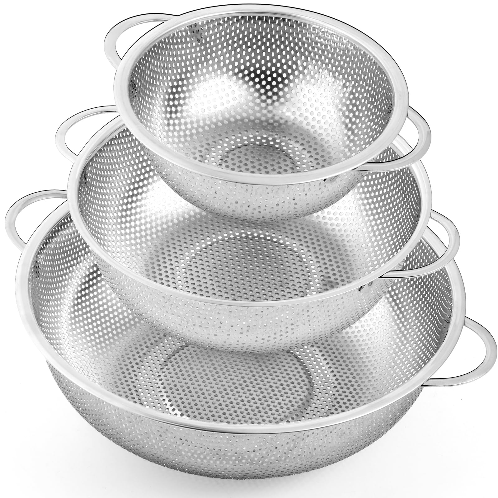 3 Pack Stainless Steel Colanders, Micro-Perforated Strainer Basket with Handle for kitchen, Metal Colander Strainer for Pasta, Fruits Vegetables, Noodles,Dishwasher Safe(1/3/5 Quart)