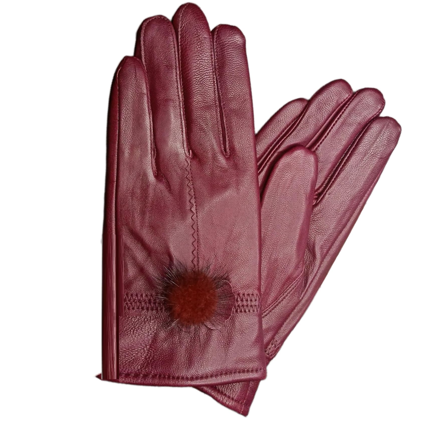 Yisenjee Women's Claret Driving Gloves Leather Faux Sheepskin Warm Winter Protection And Frostbite Prevention Full Finger Pom-Pom - Burgundy