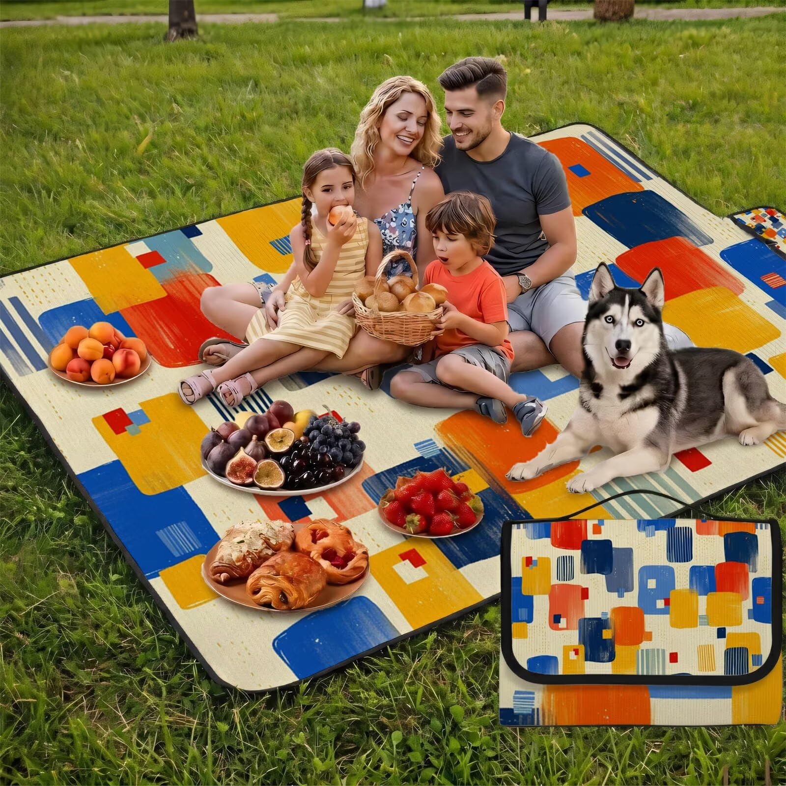 Couverture de Pique-Nique Grande 200x300cm,Outdoor Couverture Imperméable,Pliable Tapis de Plage Dos en PVC Anti-Sable,Picnic Blanket pour Camping Accessoires,Jardin,Parc,Famille - Crème,orange UZ-590