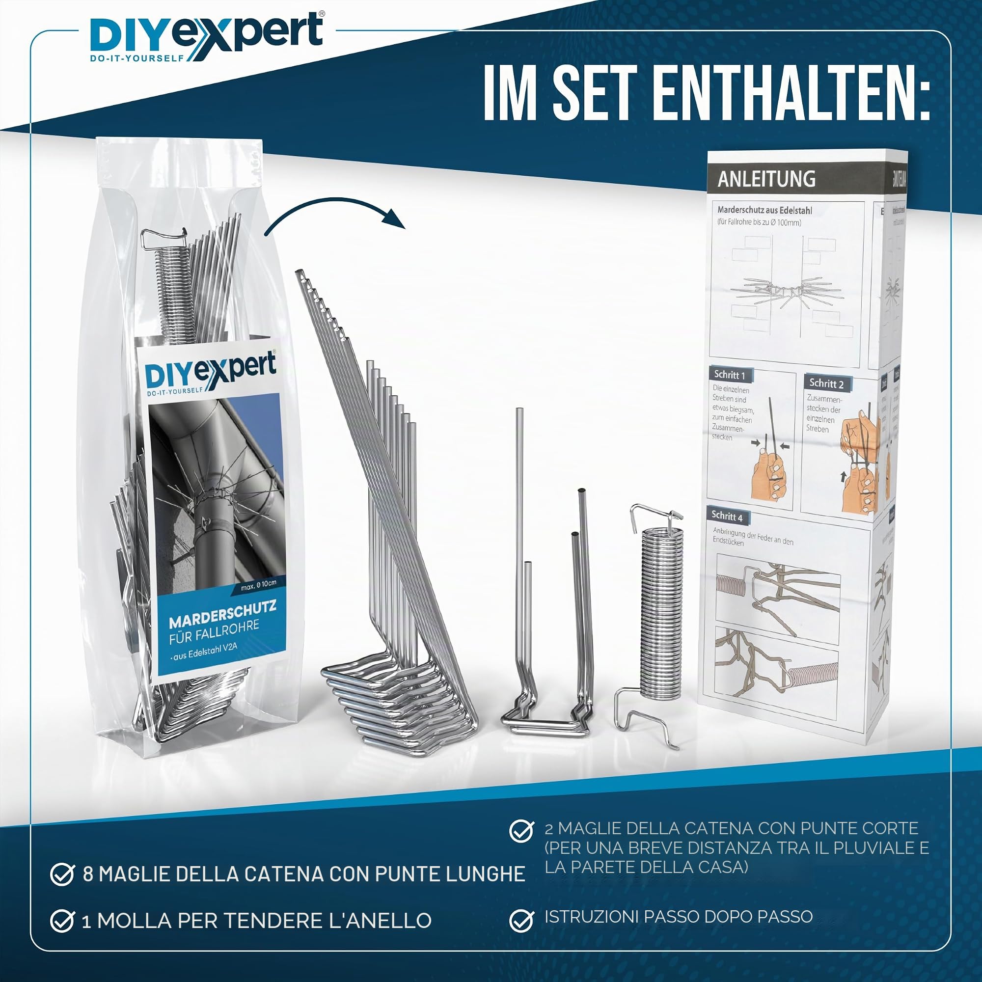 DIYexpert protezione antisalita per pluviali in acciaio inox, 5 pezzi, barriera contro faine, procioni e gatti