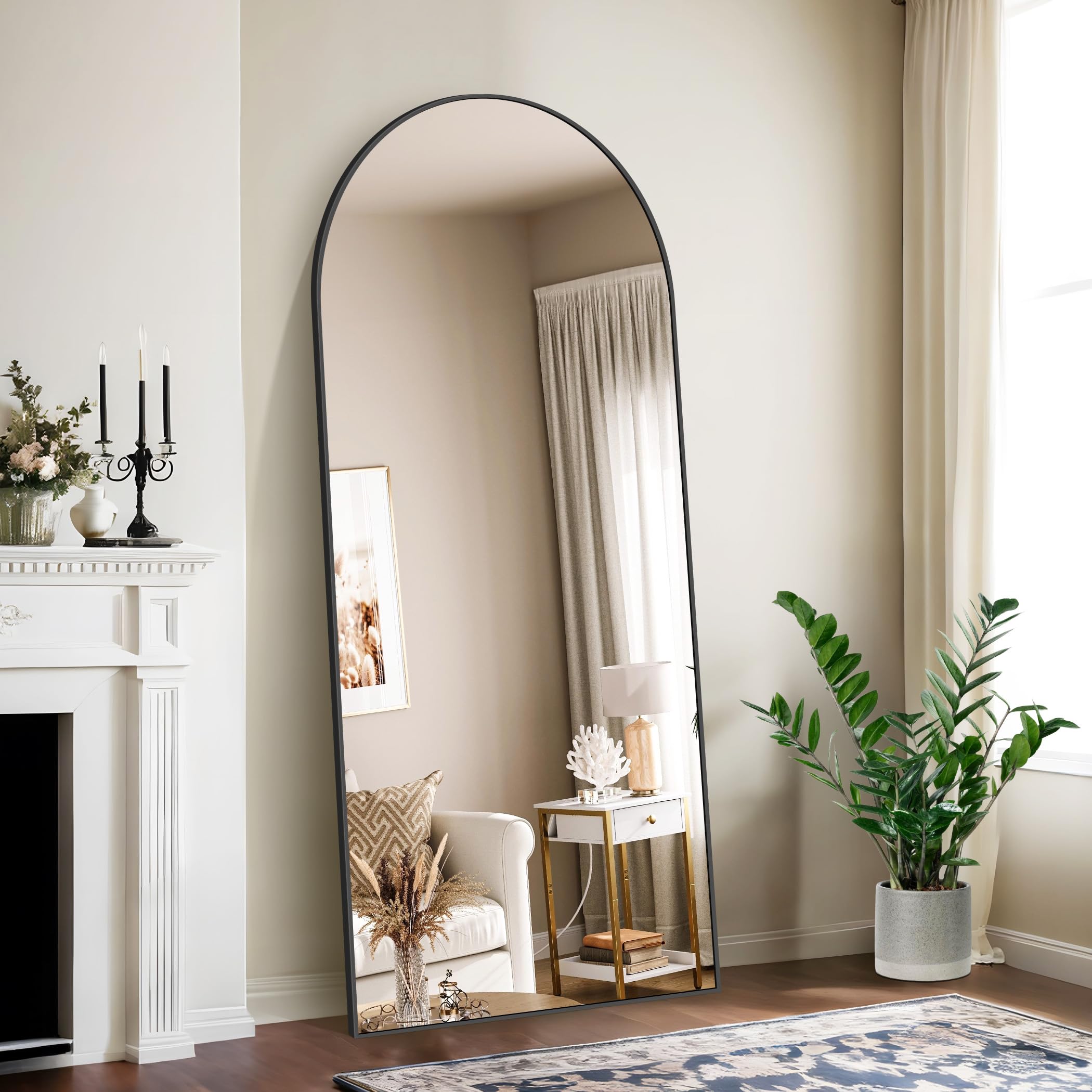 Specchio da Terra, 179 x 65 cm Specchio ad Arco con Cornice in Alluminio Nero per Bagno, Camera da Letto, Ingresso e Corridoio