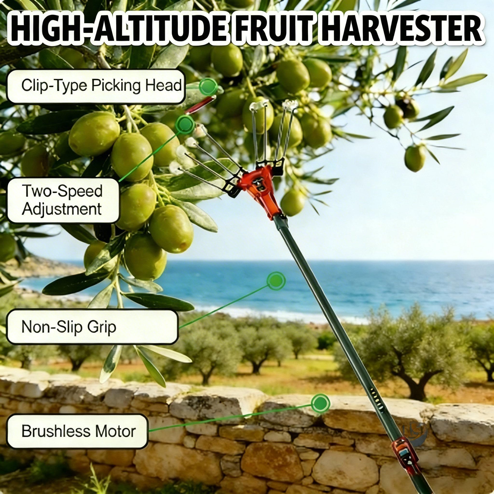 Recolector De Fruta Telescópico, De 175 A 270 Cm, con Mango Telescópico, Cable Alimentación De 10 Metros, Velocidad Ajustable Alta Y Baja, Apto para Recoger Aceitunas, Robles, Cerezas