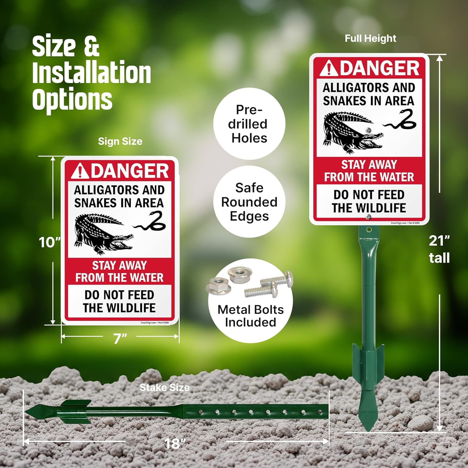 SmartSign 10 x 7 inch “Danger - Alligators And Snakes In Area - Do Not Feed Wildlife” Yard Sign with 18 inch Stake, 40 mil Laminated Rustproof Aluminum, Red/Black on White, Set of 1