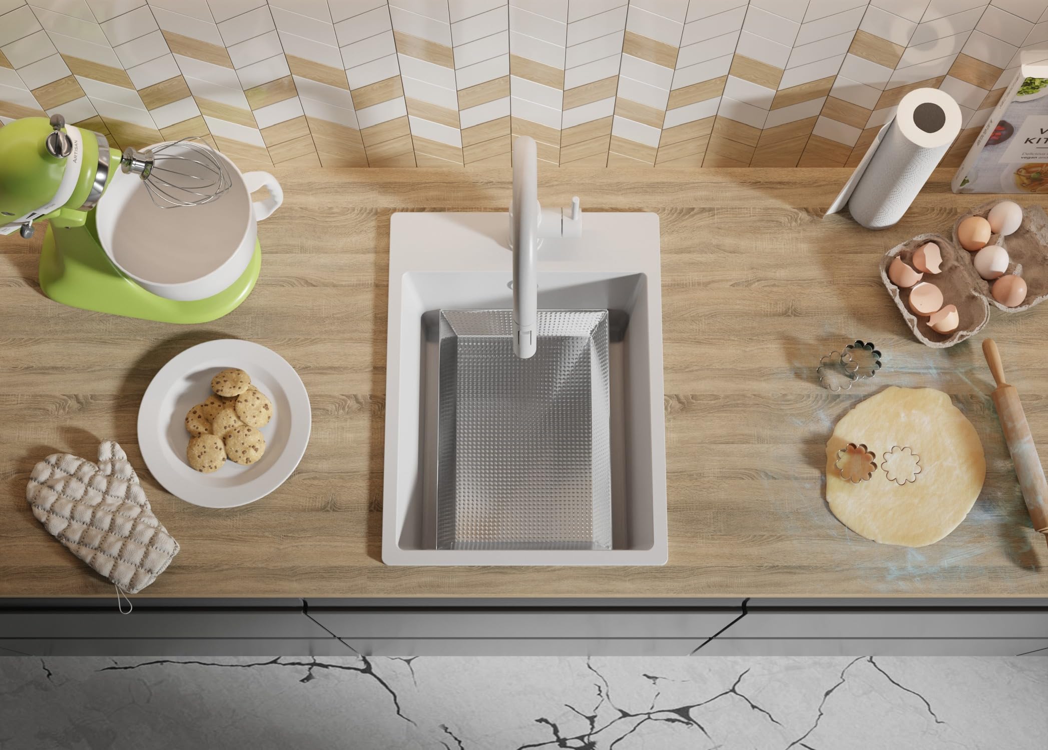 PRIMAGRAN Evier Cuisine en Granit Blanc 38x50cm, Lavabo 1 bac + Kit de Vidage, Évier à Encastrer au Meuble 40cm - Riga S036