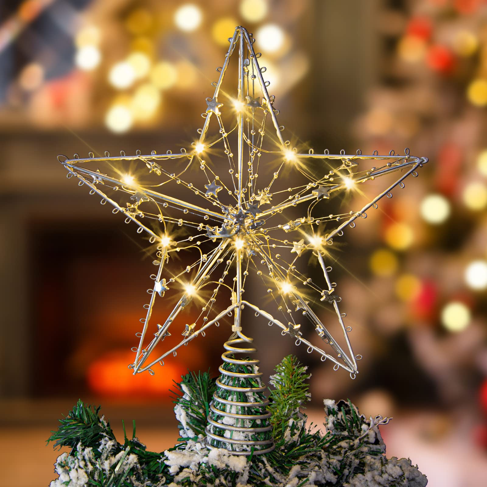 LAWOHO Christmas Tree Topper Star Decorations, Silver Tree Star Topper 10 Inches, Xmas Tree Topper with 10 LED Lights, Tree Star for Christmas Tree Ornaments Indoor Home Decor