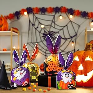 Rabbit Ears Goodie Bags - 100PCS, 4 Halloween Designs - Small Plastic Candy Bags for Trick or Treat