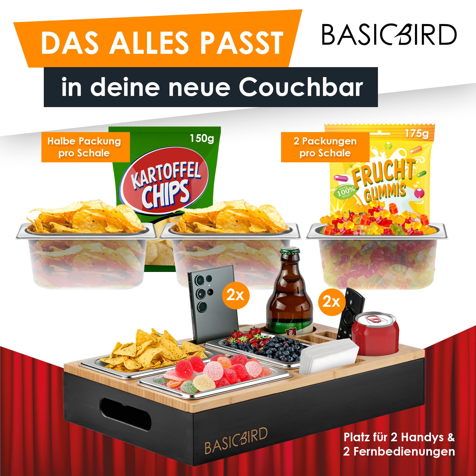 BASICBIRD® Couchbar Snackbox Organizer Tablett mit 3X Snackschale Holz Sofatablett Getränkehalter Schwarz