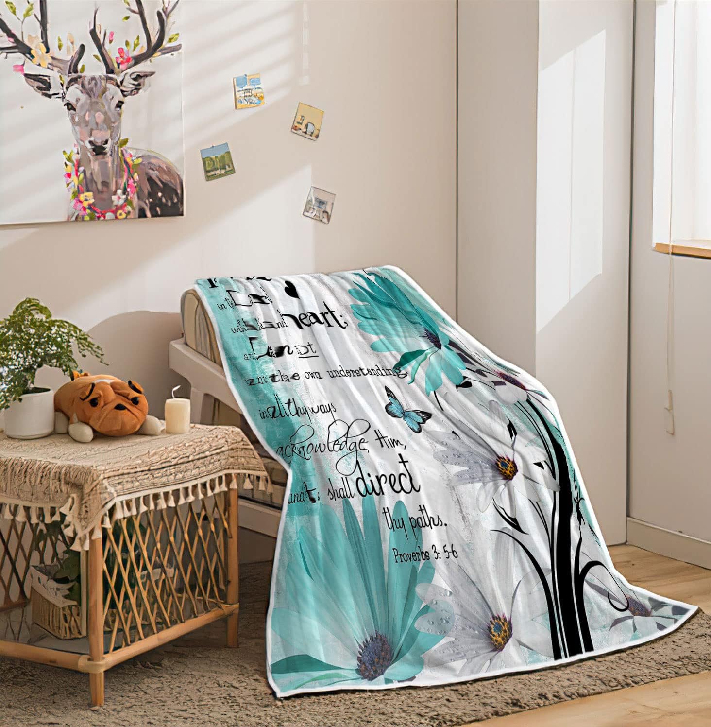 Rustic Farmhouse Throw Blankets, Farm Teal Daisy Bible Verse Inspirational Motivational Quote Cozy Warm Bed Couch Blanket, Country Wooden Turquoise Blue Fleece Flannel Throws Decorate Room Bedroom