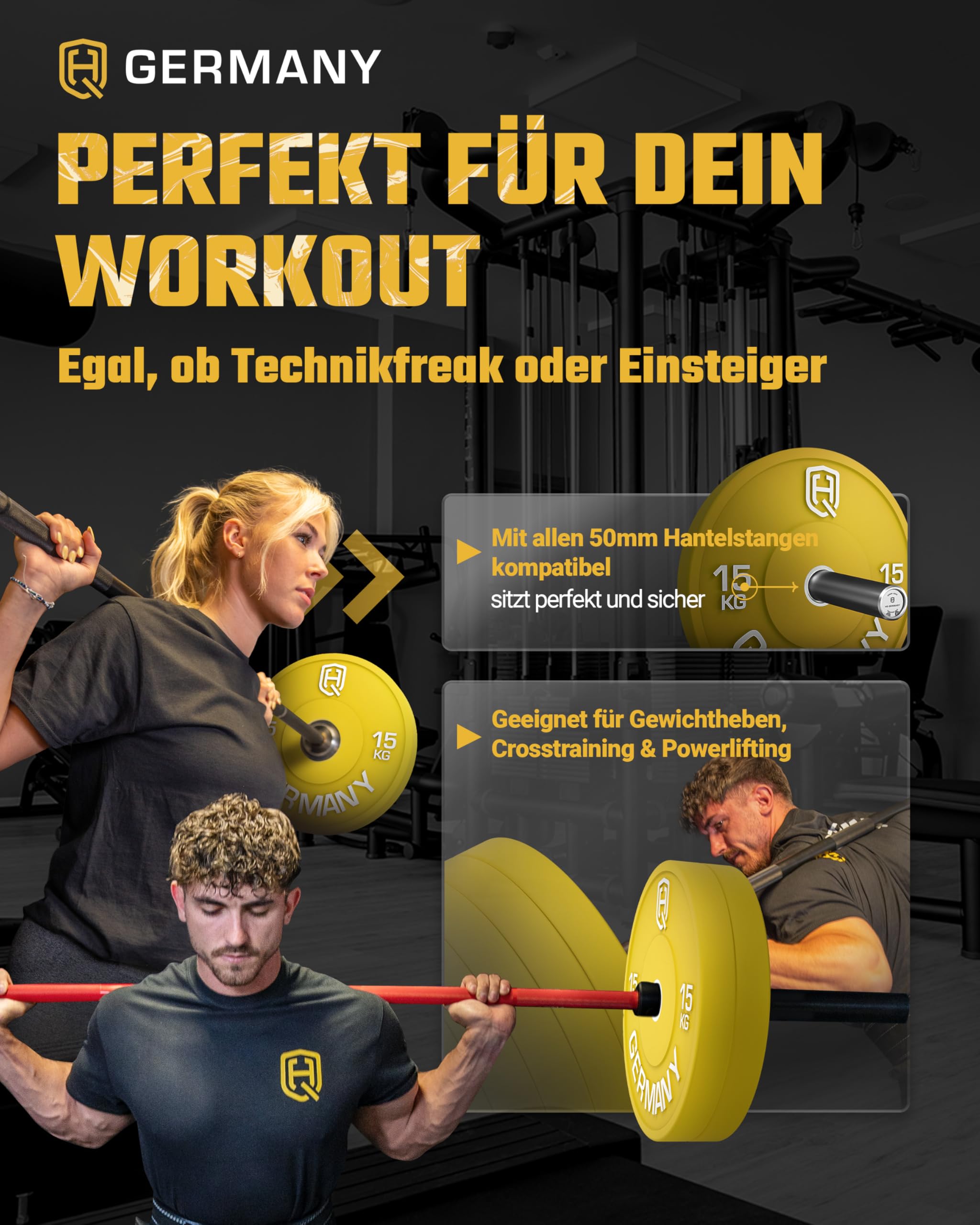 HQ Germany® Bumper Plates 50 mm [Nach IWF-Norm] - Hantelscheiben 5-25kg | Premium Vollgummi, Ø 450mm, 50mm-Bohrung, Shore-A 85 Härte, schmales Design, Edelstahl-Hülse